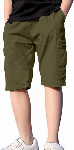 Teen Boys Bermuda Cargo Shorts Knee Length Elastic Waist Summer Casual Fitted Multi-Pockets Twill Half Pants