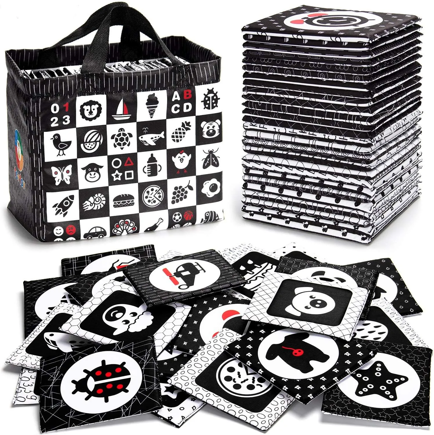 teytoy Black and White Baby Sensory Toys High Contrast Cards Cloth Fabric Soft Cards for Newborn 0-6 Months Visual Stimulation Early Development with Animals Fruit Number Shape Letter, 26 Pcs