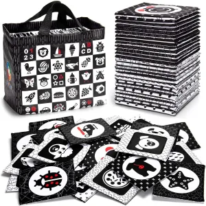 teytoy Black and White Baby Sensory Toys High Contrast Cards Cloth Fabric Soft Cards for Newborn 0-6 Months Visual Stimulation Early Development with Animals Fruit Number Shape Letter, 26 Pcs