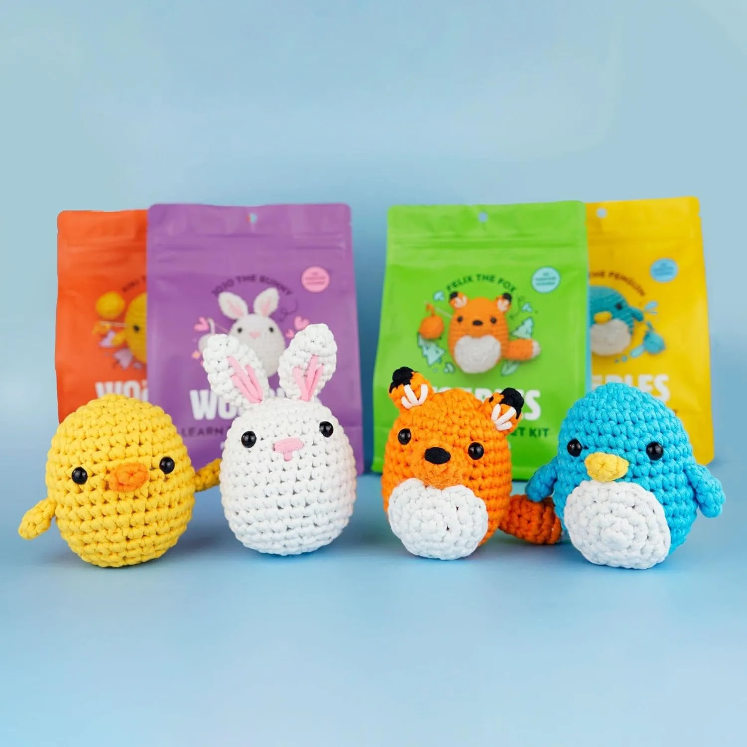 The Woobles Easy Peasy Beginner Bundle Crochet Kit (Penguin,Chick,Fox & Bunny) with Easy Peasy Yarn- All in One Crochet Knitting Kit- Crochet Kit Bundle for Beginners with Step-by-Step Video Tutorials