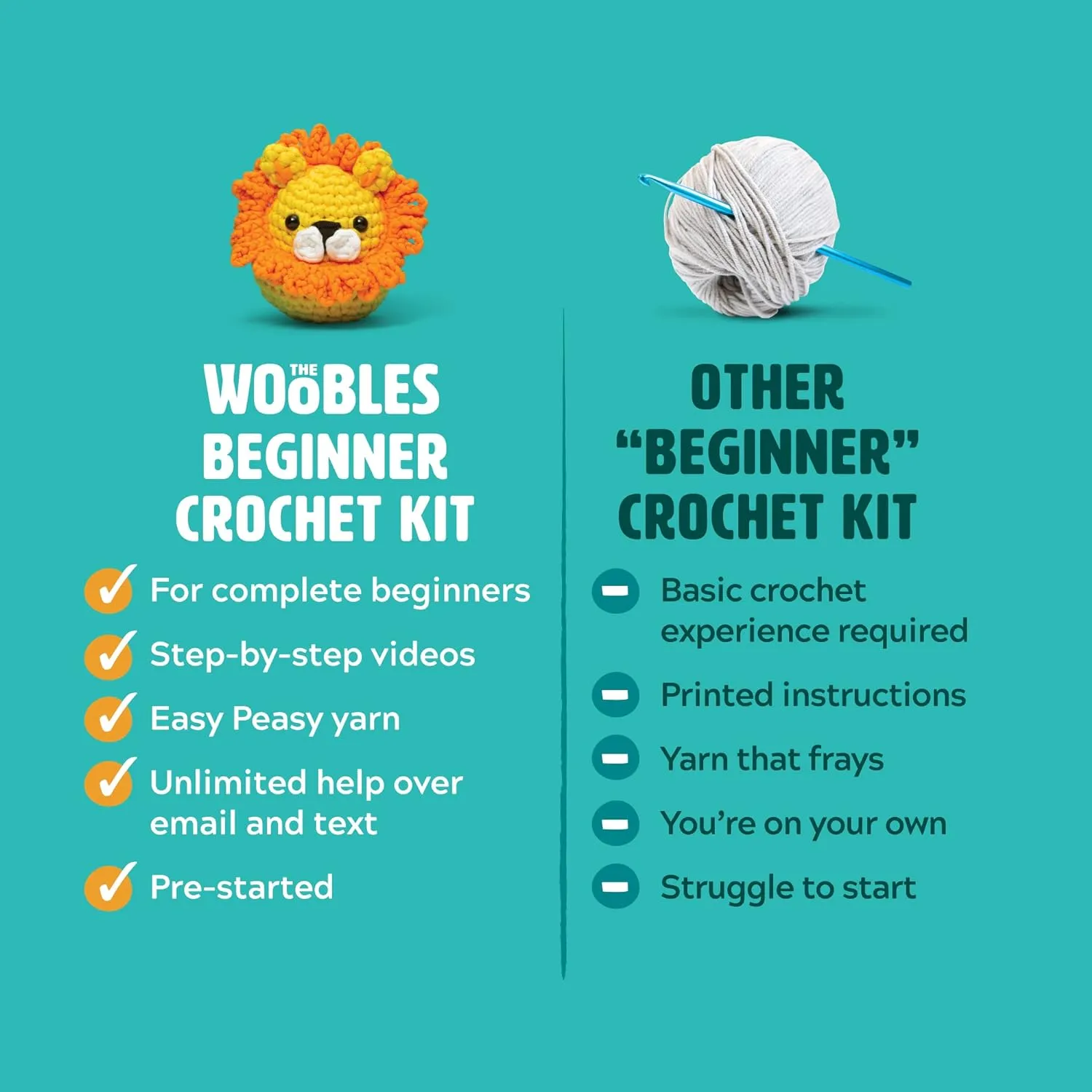 The Woobles Easy Peasy Beginner Bundle Crochet Kit (Penguin,Chick,Fox & Bunny) with Easy Peasy Yarn- All in One Crochet Knitting Kit- Crochet Kit Bundle for Beginners with Step-by-Step Video Tutorials