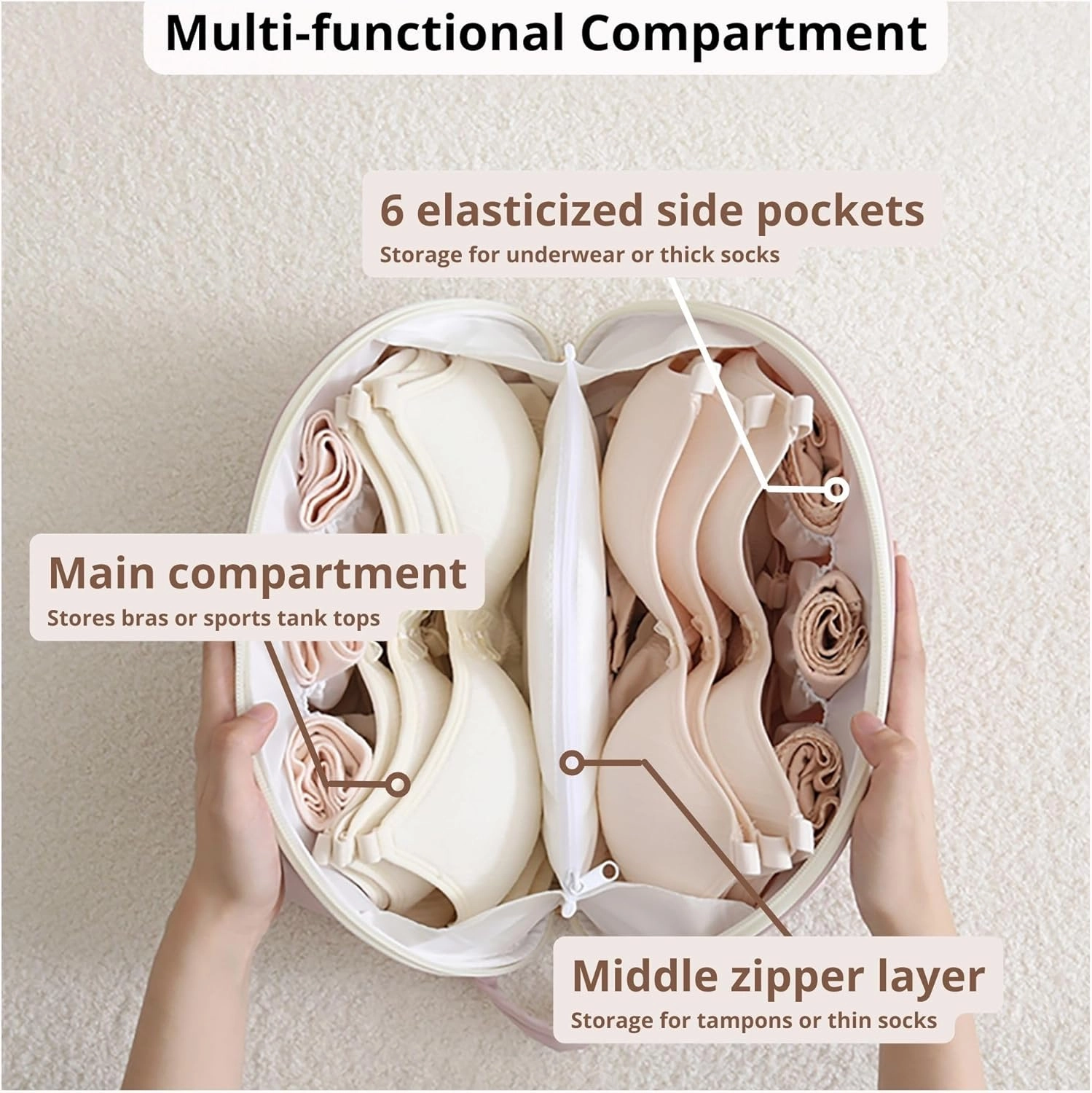 tianzong Travel Underwear Packing Cube for Women, Portable Luggage Organizer Bag, Multi-compartment Versatile Storage Bag for Suitcase (1 Pack, XL Beige)