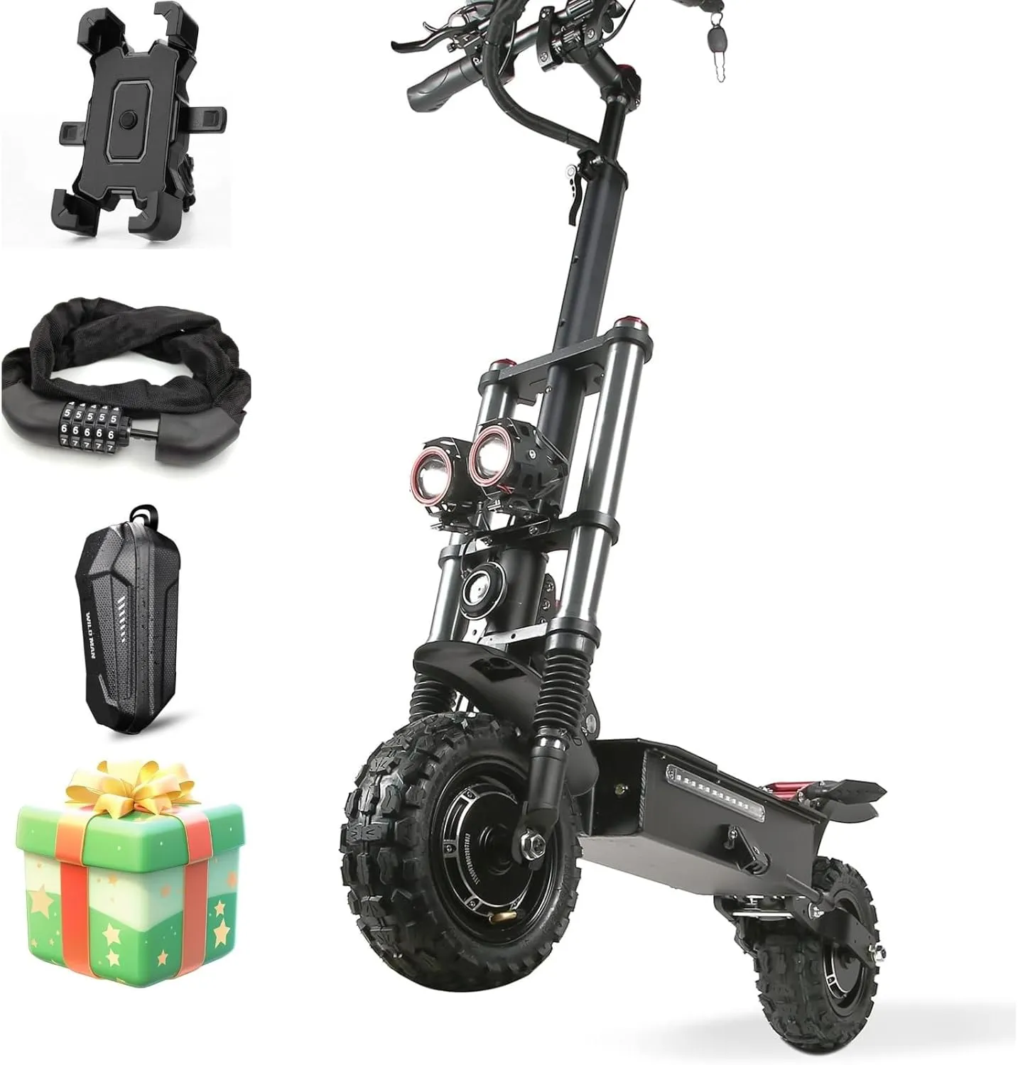 TIFGALOP Electric Scooter High Power Dual Drive 5600W Motor Up to 50 MPH and 60 Miles Range 11 Inch Tubeless Off Road Tires Electric Scooter for Adults with Detachable Seat