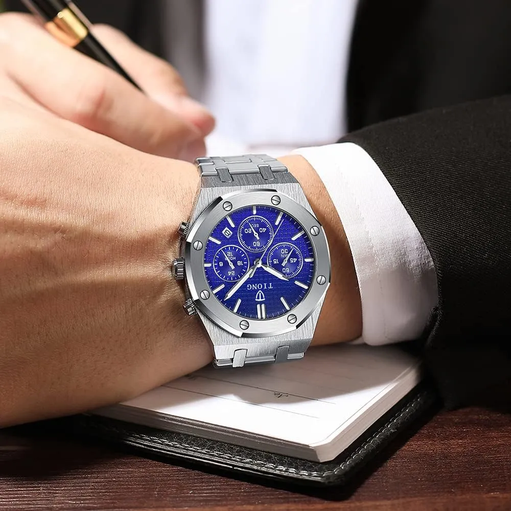 Tiong Mens Watches Chronograph Stainless Steel Waterproof Date Analog Quartz Watch Business Casual Fashion Wrist Watches for Men