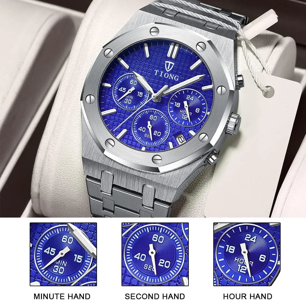 Tiong Mens Watches Chronograph Stainless Steel Waterproof Date Analog Quartz Watch Business Casual Fashion Wrist Watches for Men