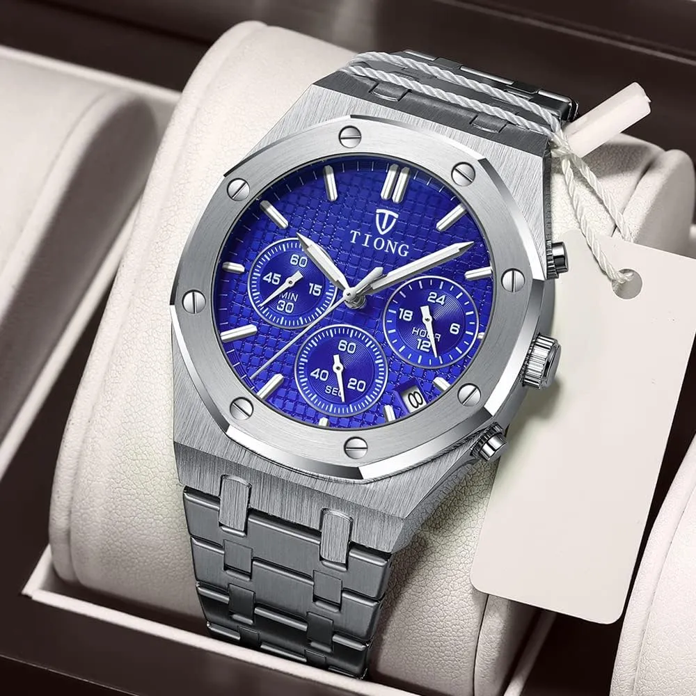 Tiong Mens Watches Chronograph Stainless Steel Waterproof Date Analog Quartz Watch Business Casual Fashion Wrist Watches for Men