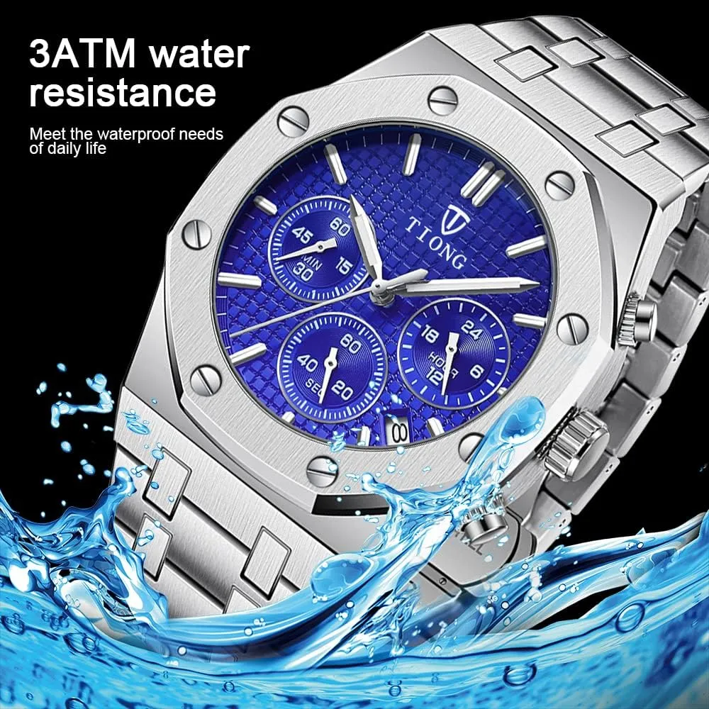Tiong Mens Watches Chronograph Stainless Steel Waterproof Date Analog Quartz Watch Business Casual Fashion Wrist Watches for Men