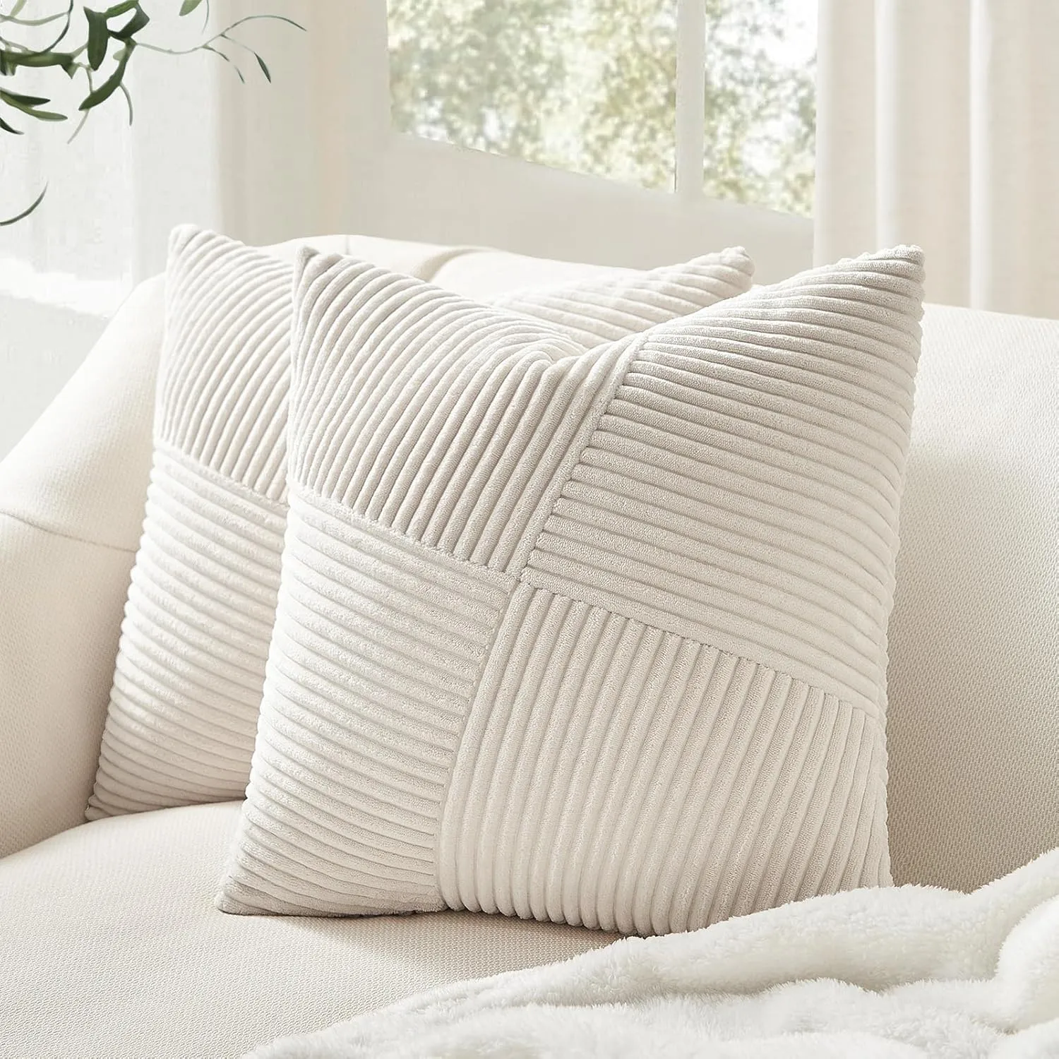Topfinel Cream Boho Decorative Throw Pillow Covers 20x20 Inch for Couch Sofa Bed, Soft Corduroy Striped Patchwork Windmill Textured Neutral Square Cushion Covers Accent Home Decor 50x50cm Set of 2