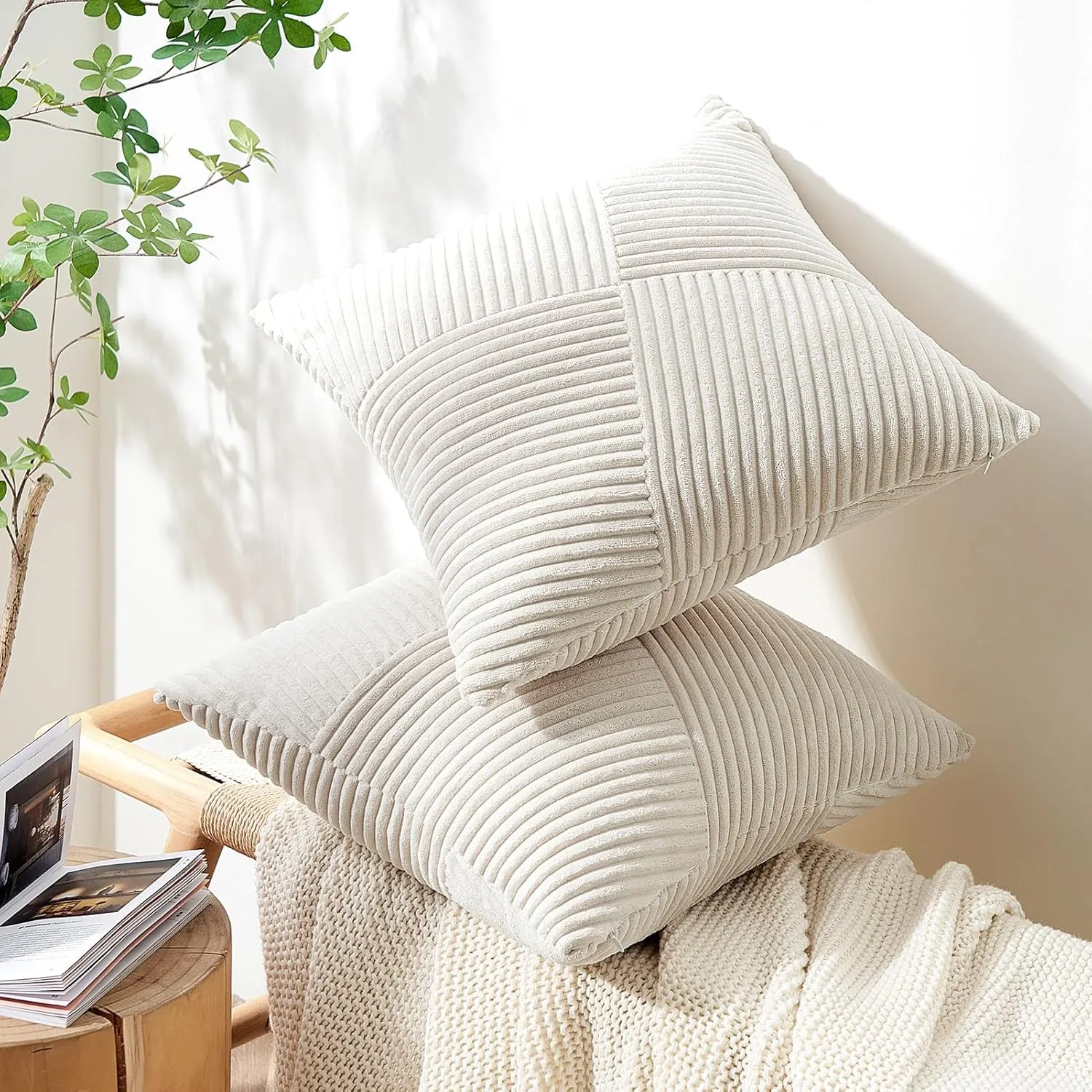 Topfinel Cream Boho Decorative Throw Pillow Covers 20x20 Inch for Couch Sofa Bed, Soft Corduroy Striped Patchwork Windmill Textured Neutral Square Cushion Covers Accent Home Decor 50x50cm Set of 2