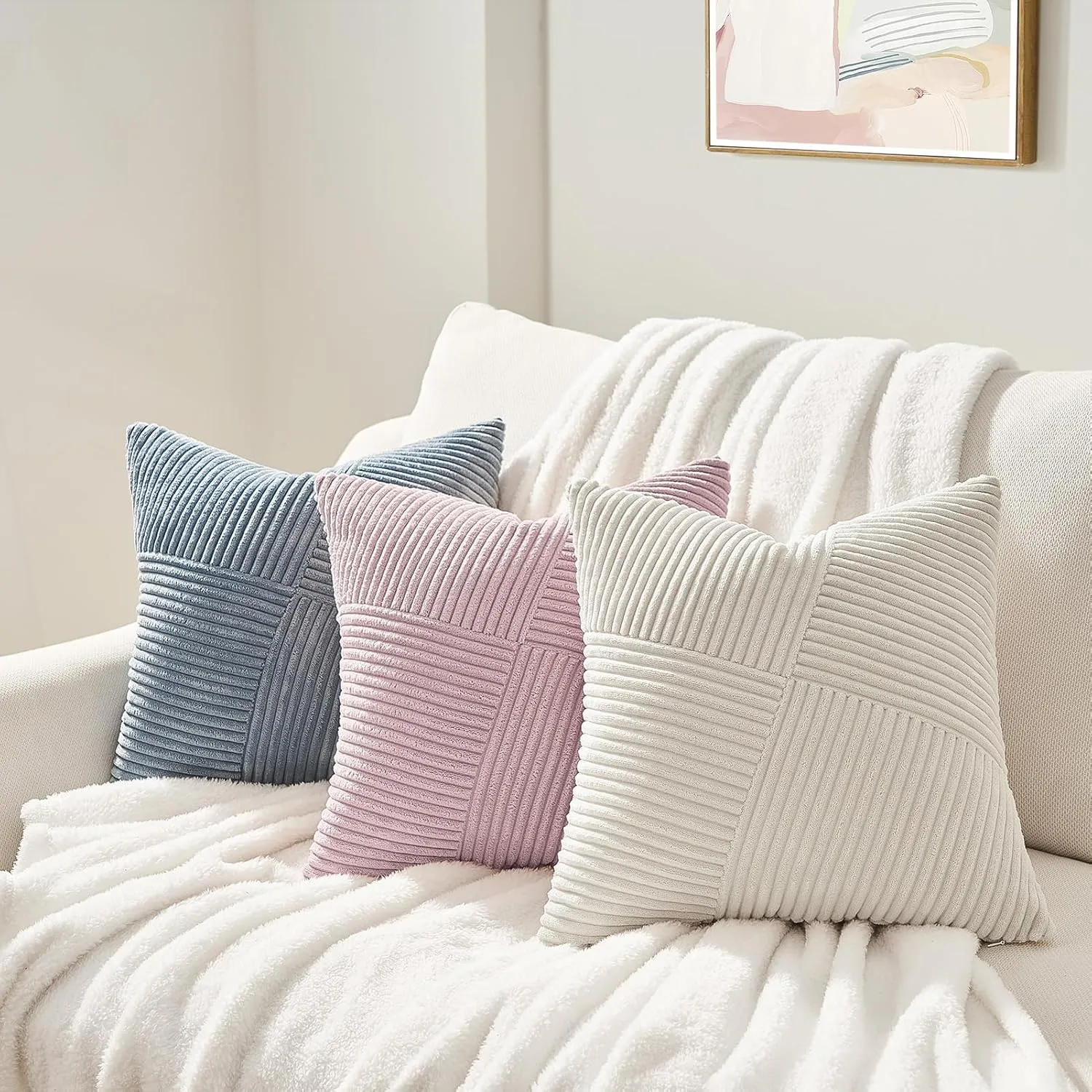 Topfinel Cream Boho Decorative Throw Pillow Covers 20x20 Inch for Couch Sofa Bed, Soft Corduroy Striped Patchwork Windmill Textured Neutral Square Cushion Covers Accent Home Decor 50x50cm Set of 2