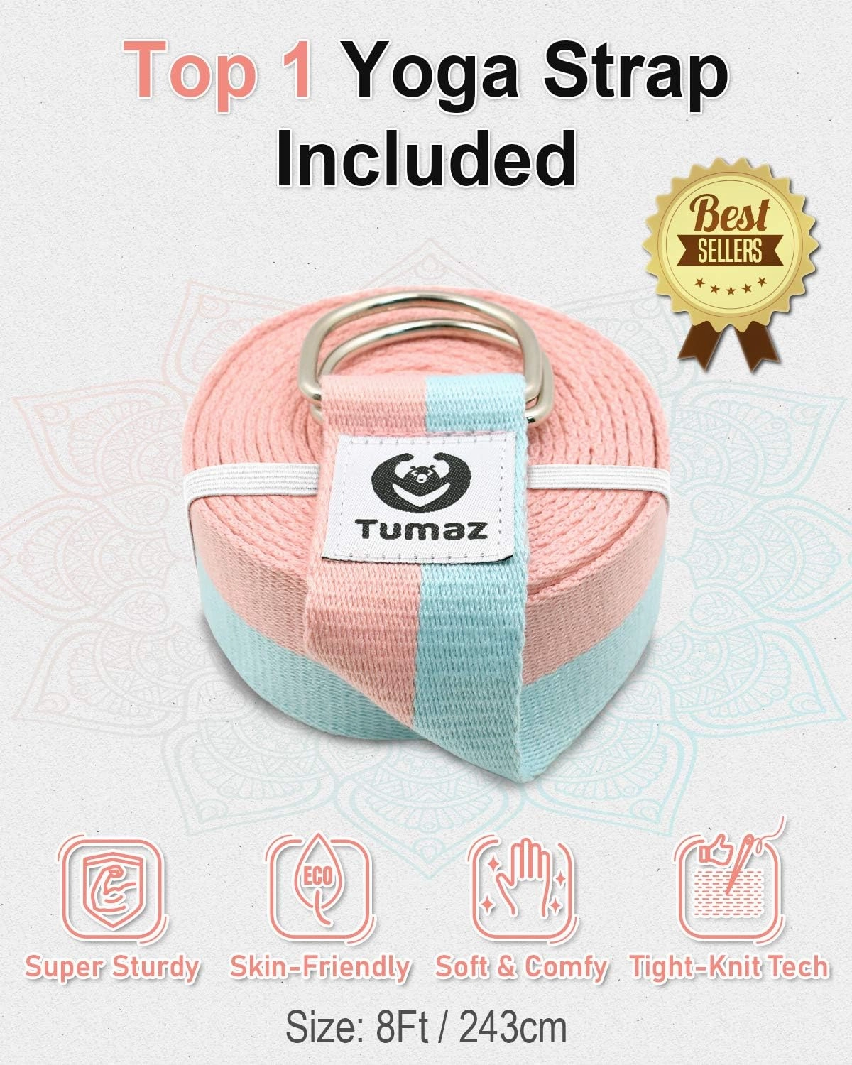 Tumaz Yoga Blocks 2 Pack with Strap Set, High Density/Lightweight EVA Foam and Non-Slip Natural Cork Blocks & Premium 8F Yoga Strap Set - E-Book Included