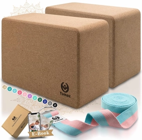 Tumaz Yoga Blocks 2 Pack with Strap Set, High Density/Lightweight EVA Foam and Non-Slip Natural Cork Blocks & Premium 8F Yoga Strap Set - E-Book Included