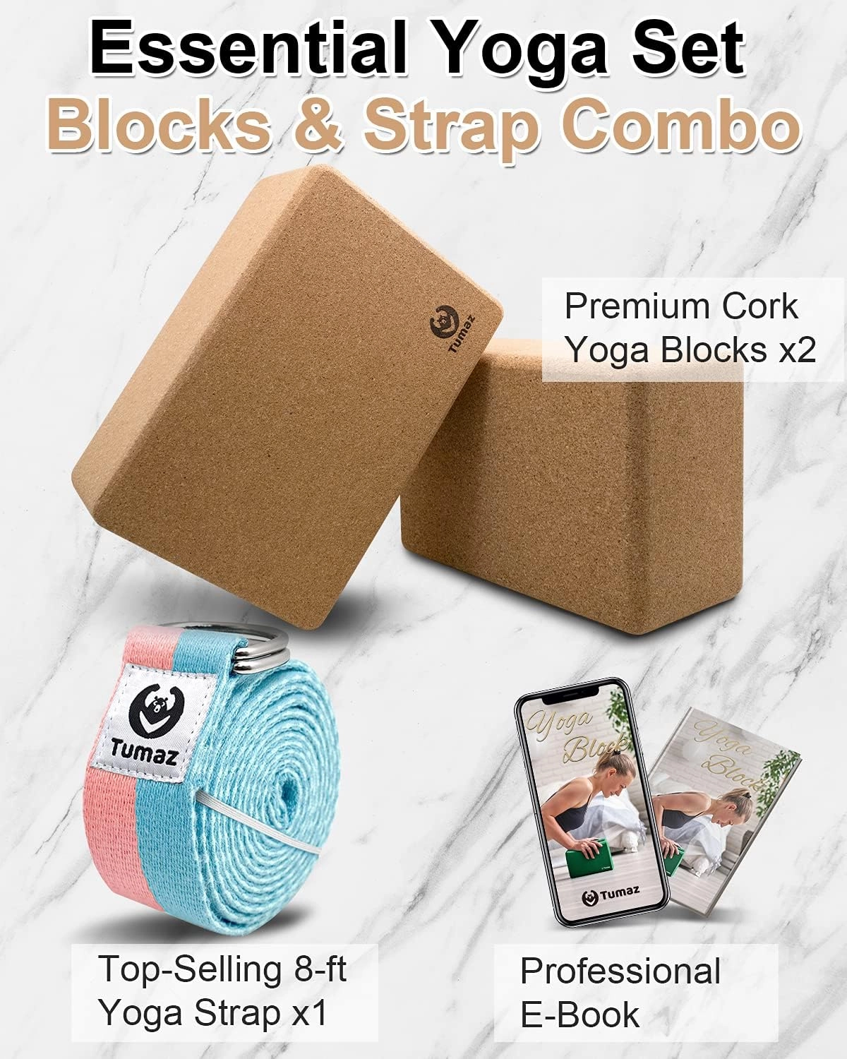 Tumaz Yoga Blocks 2 Pack with Strap Set, High Density/Lightweight EVA Foam and Non-Slip Natural Cork Blocks & Premium 8F Yoga Strap Set - E-Book Included