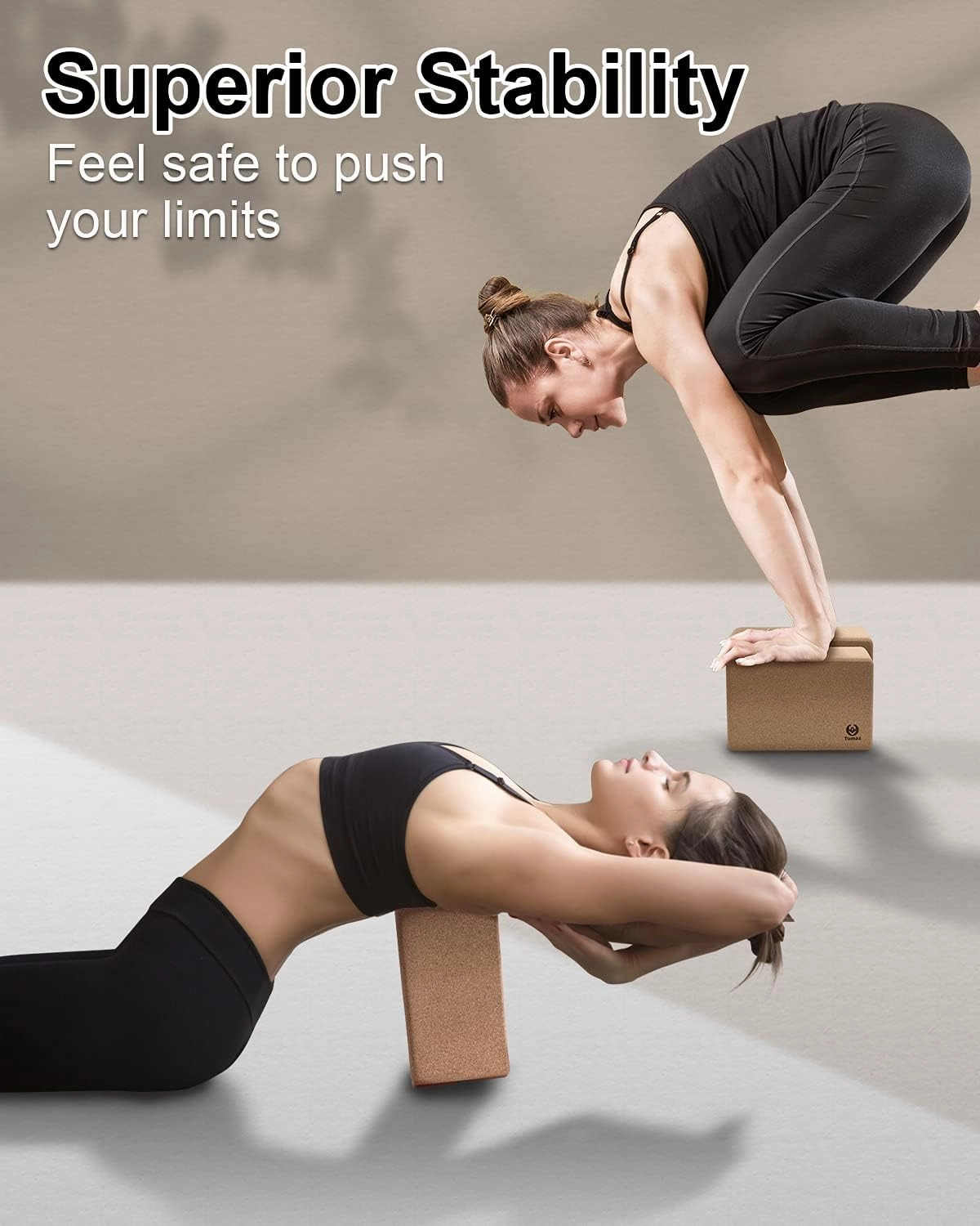 Tumaz Yoga Blocks 2 Pack with Strap Set, High Density/Lightweight EVA Foam and Non-Slip Natural Cork Blocks & Premium 8F Yoga Strap Set - E-Book Included