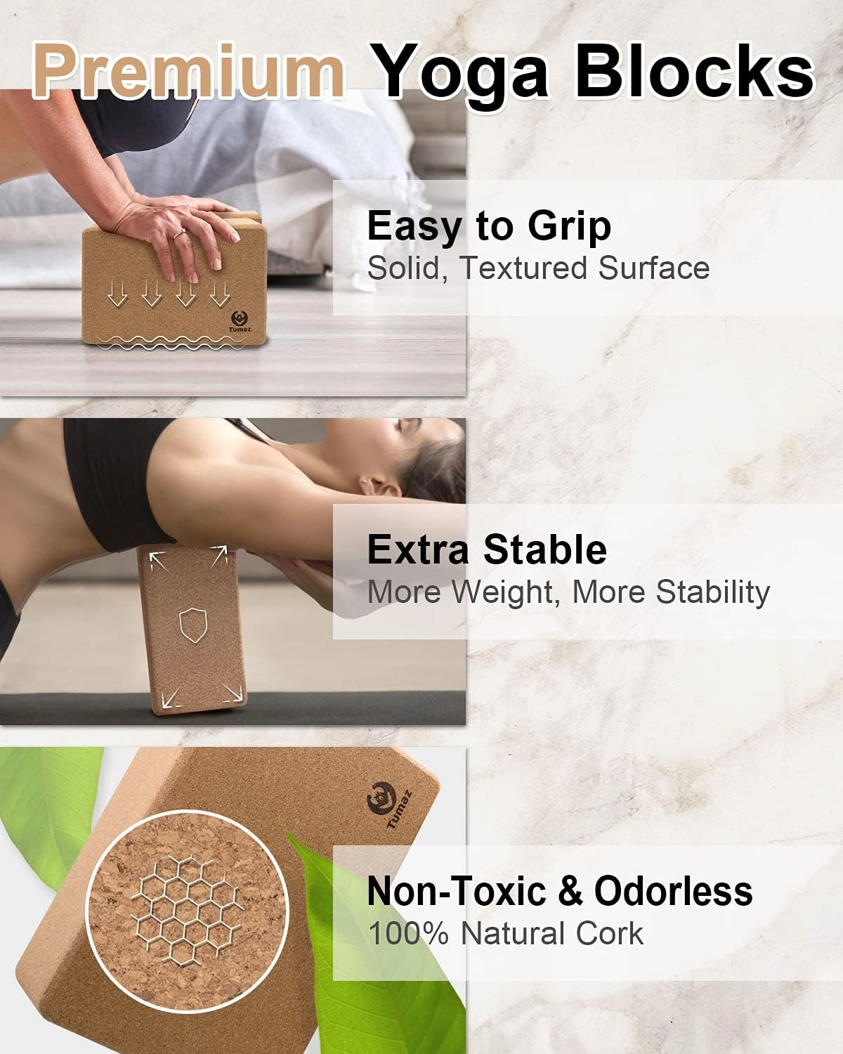 Tumaz Yoga Blocks 2 Pack with Strap Set, High Density/Lightweight EVA Foam and Non-Slip Natural Cork Blocks & Premium 8F Yoga Strap Set - E-Book Included