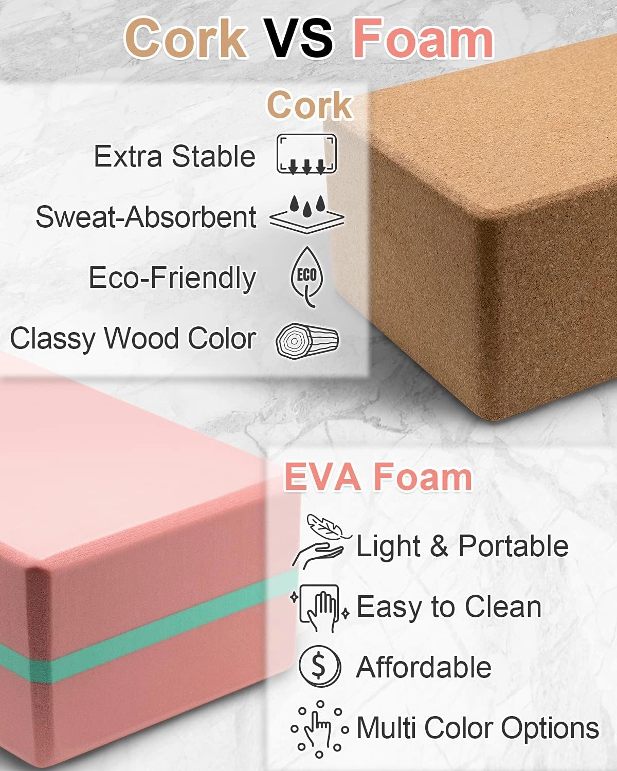 Tumaz Yoga Blocks 2 Pack with Strap Set, High Density/Lightweight EVA Foam and Non-Slip Natural Cork Blocks & Premium 8F Yoga Strap Set - E-Book Included