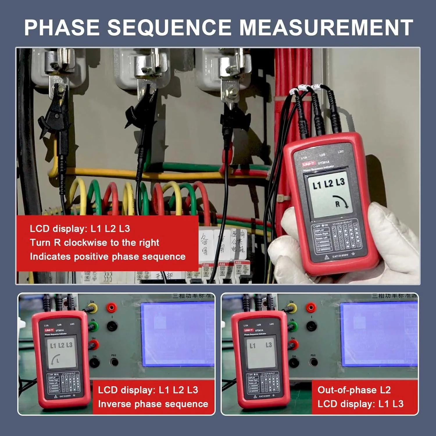 UNI-T 3-Phase Sequence Tester Rotation Meter, AC Phase Sequence Indicator 40V-690V Lack Phase Meter Motor UT261A