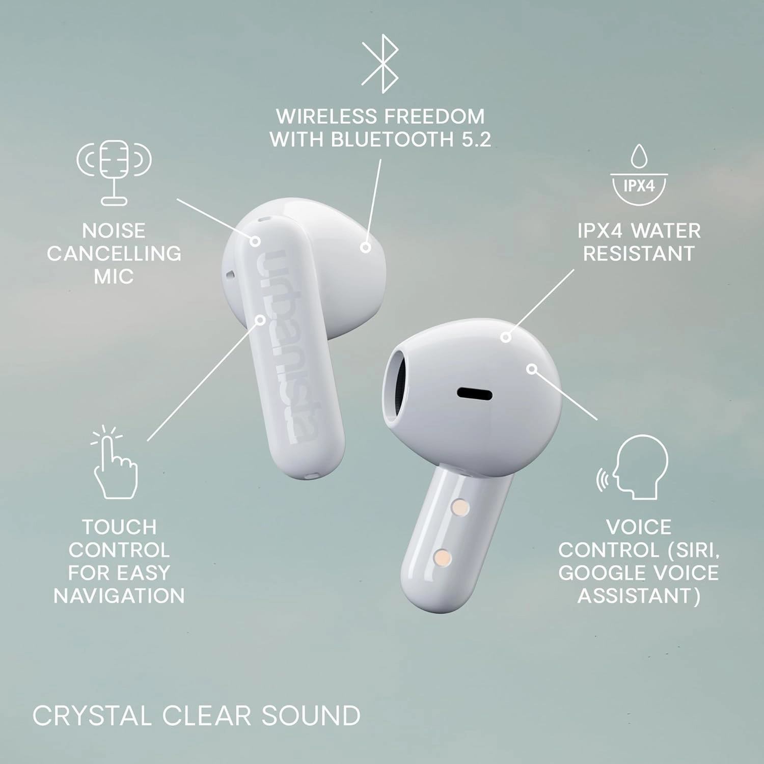 Urbanista True Wireless Earbuds, Bluetooth 5.2 Earphones with Touch Controls & Noise Cancelling Microphone, 32 Hr Total Playtime, USB C Charging Case, IPX4 Water Resistant, Copenhagen, Pure White