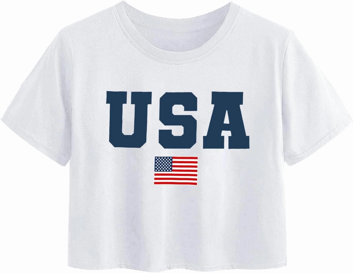 USA Shirts for Women American Flag Crop Shirt 4th of July Crop Top Patriotic T-Shirt Cropped Summer Tee Tops