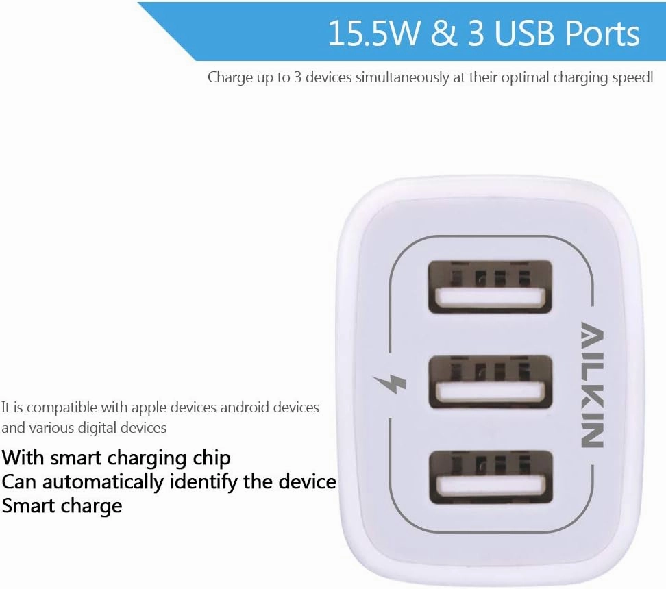 USB Plug-in Wall Charger, Charging Block, 3Pack Ailkin 3.1A Fast Charge 3-Port Power Adapter Cube Box Brick Base Compatible with iPhone, iPad, LG, Honor, Samsung, Kindle Fire, Blue, all USB Brick Base