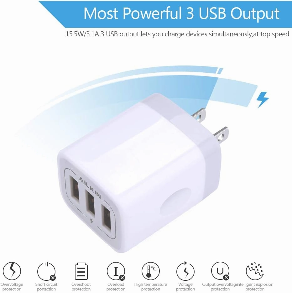 USB Plug-in Wall Charger, Charging Block, 3Pack Ailkin 3.1A Fast Charge 3-Port Power Adapter Cube Box Brick Base Compatible with iPhone, iPad, LG, Honor, Samsung, Kindle Fire, Blue, all USB Brick Base