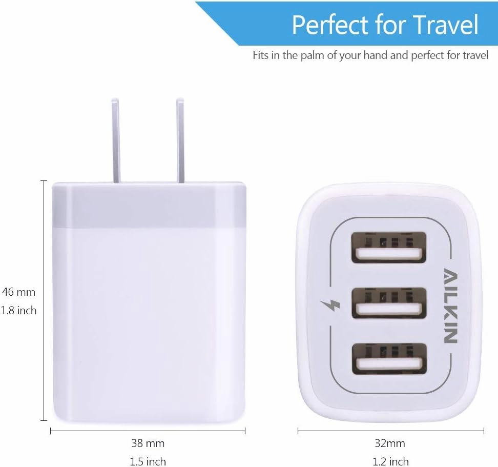 USB Plug-in Wall Charger, Charging Block, 3Pack Ailkin 3.1A Fast Charge 3-Port Power Adapter Cube Box Brick Base Compatible with iPhone, iPad, LG, Honor, Samsung, Kindle Fire, Blue, all USB Brick Base