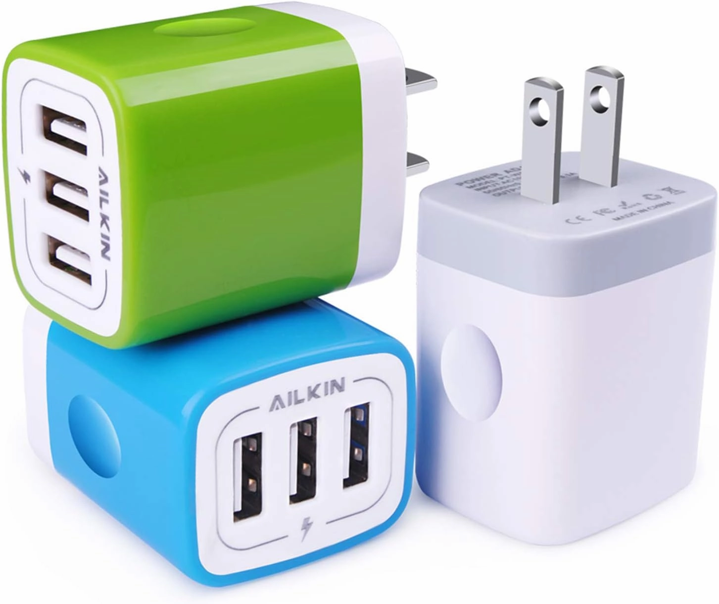 USB Plug-in Wall Charger, Charging Block, 3Pack Ailkin 3.1A Fast Charge 3-Port Power Adapter Cube Box Brick Base Compatible with iPhone, iPad, LG, Honor, Samsung, Kindle Fire, Blue, all USB Brick Base