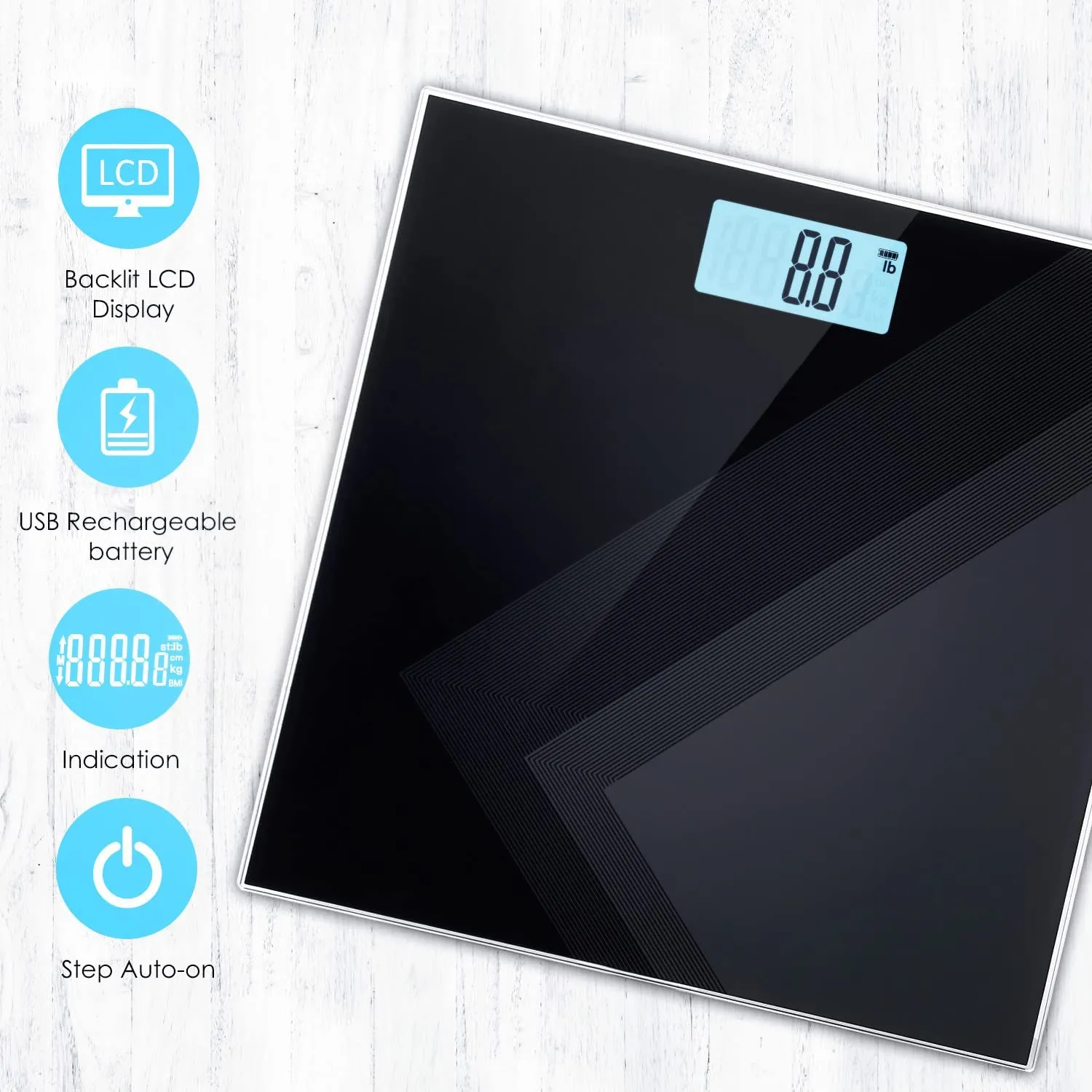 Uten Digital Weight Scale, USB Charging Bathroom Weight Scale, Three-Color LCD Back Light Display, Slim Design, 400Ibs/180kg, 6mm Tempered Glass (Black)