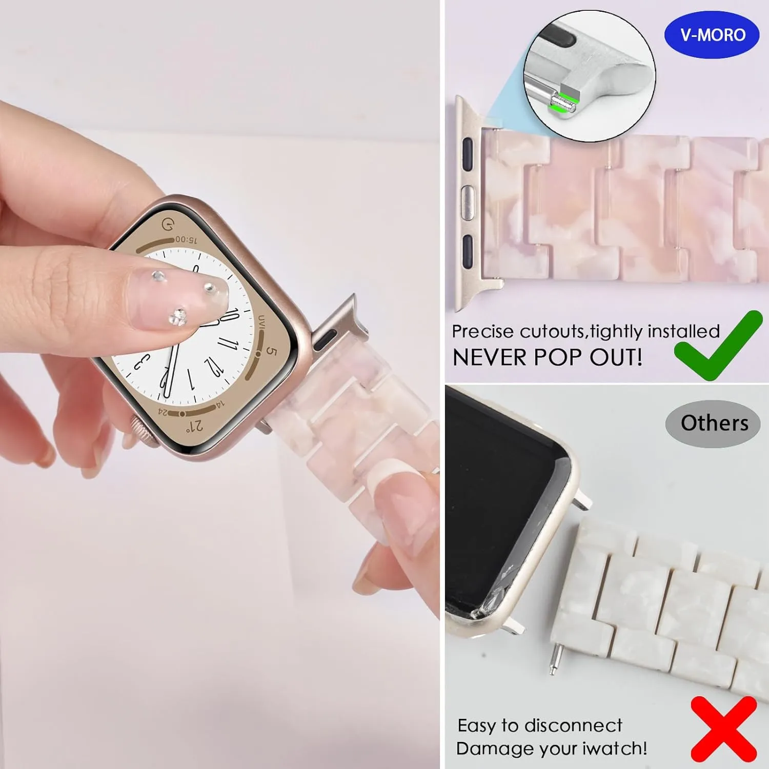 V-MORO Resin Bands Compatible with Apple Watch Series 10/9/8/7 41mm/42mm Fashion Lightweight Cute Strap with Starlight Buckle for iwatch Series SE/6/5/4/3/2/1(Floral Pink,38mm/40mm/41mm/42mm)