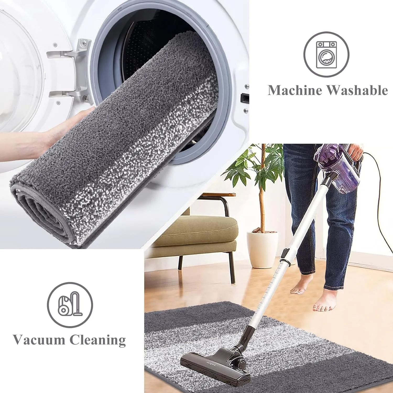 Vaukki Luxury Soft Bathroom Rugs Set of 2, Non Slip Washable Plush Bath Floor Mats, Microfiber Shaggy Absorbent Striped Bath Carpet for Tub, Bathroom and Shower (18''x26'' 20''x32'', Grey)