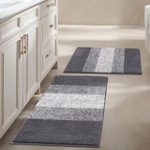 Vaukki Luxury Soft Bathroom Rugs Set of 2, Non Slip Washable Plush Bath Floor Mats, Microfiber Shaggy Absorbent Striped Bath Carpet for Tub, Bathroom and Shower (18''x26'' 20''x32'', Grey)