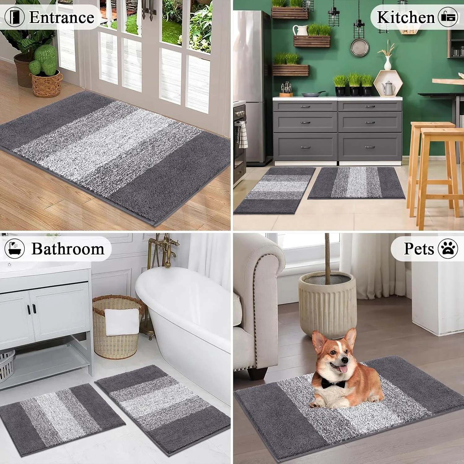 Vaukki Luxury Soft Bathroom Rugs Set of 2, Non Slip Washable Plush Bath Floor Mats, Microfiber Shaggy Absorbent Striped Bath Carpet for Tub, Bathroom and Shower (18''x26'' 20''x32'', Grey)