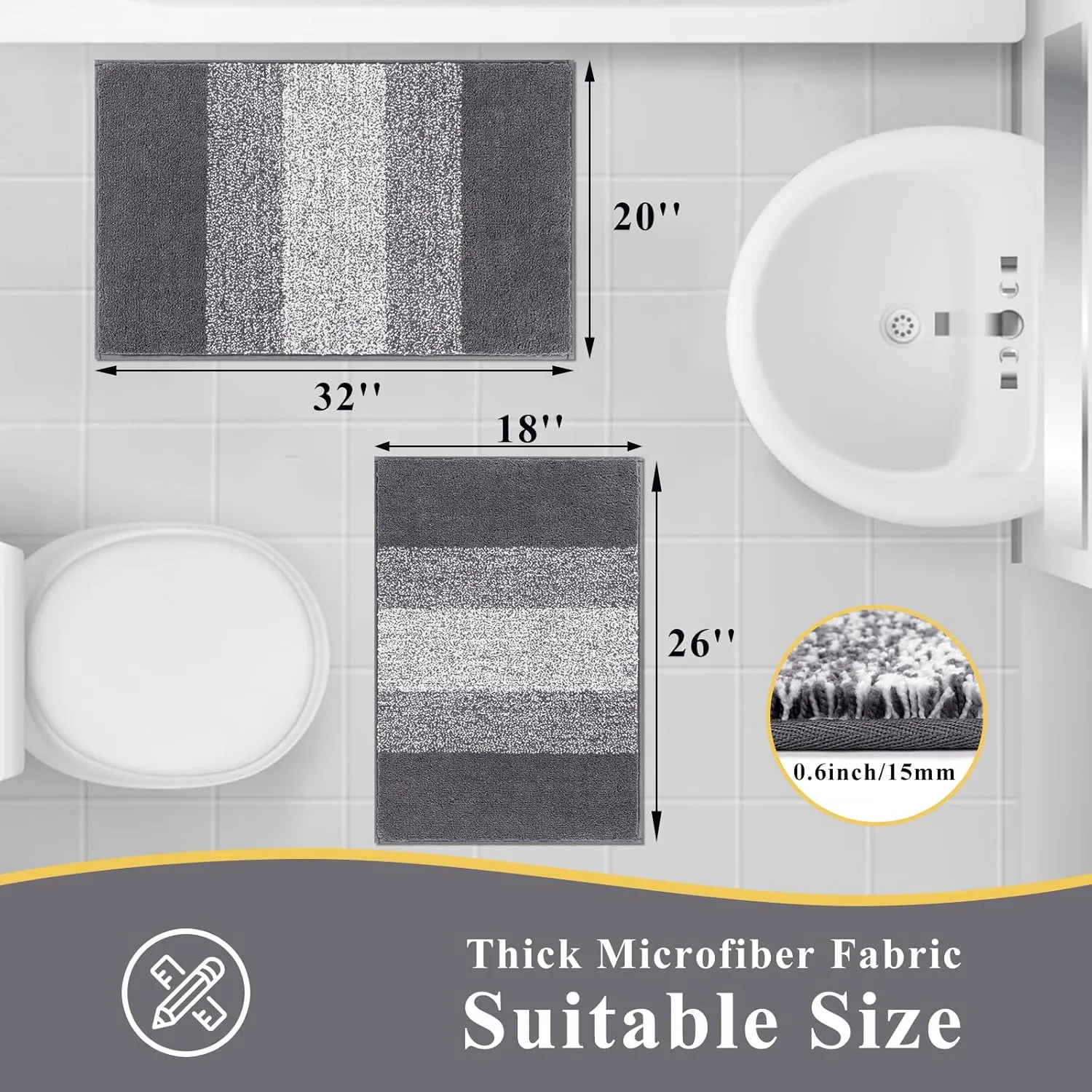 Vaukki Luxury Soft Bathroom Rugs Set of 2, Non Slip Washable Plush Bath Floor Mats, Microfiber Shaggy Absorbent Striped Bath Carpet for Tub, Bathroom and Shower (18''x26'' 20''x32'', Grey)