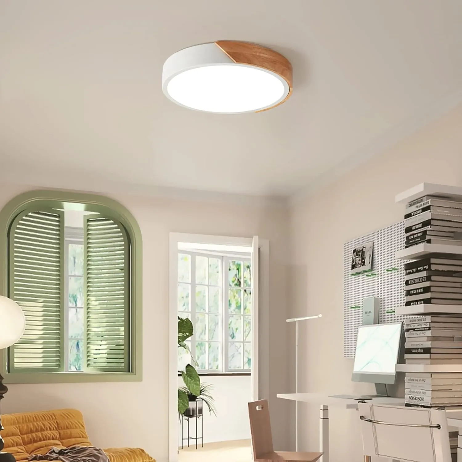 Vikaey Modern LED Ceiling Light, Minimalist Wood Style Flush Mount Ceiling Light Fixture, Circle Lighting Lamp with Acrylic Lampshade for Bedroom Living Room Dining Room Laundry (White, 11.8'')
