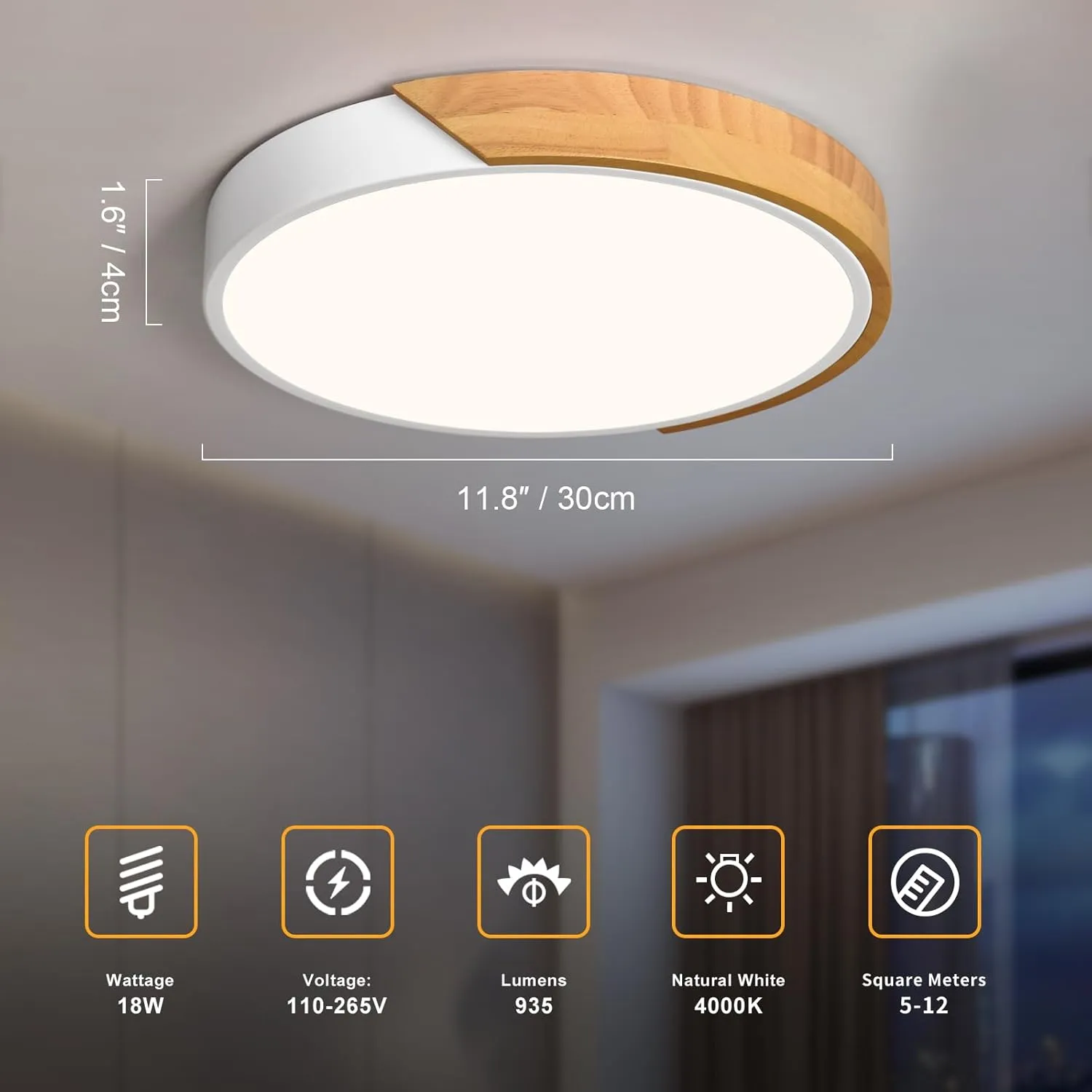 Vikaey Modern LED Ceiling Light, Minimalist Wood Style Flush Mount Ceiling Light Fixture, Circle Lighting Lamp with Acrylic Lampshade for Bedroom Living Room Dining Room Laundry (White, 11.8'')