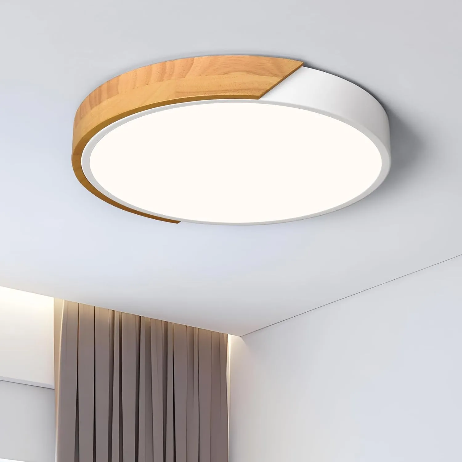 Vikaey Modern LED Ceiling Light, Minimalist Wood Style Flush Mount Ceiling Light Fixture, Circle Lighting Lamp with Acrylic Lampshade for Bedroom Living Room Dining Room Laundry (White, 11.8'')