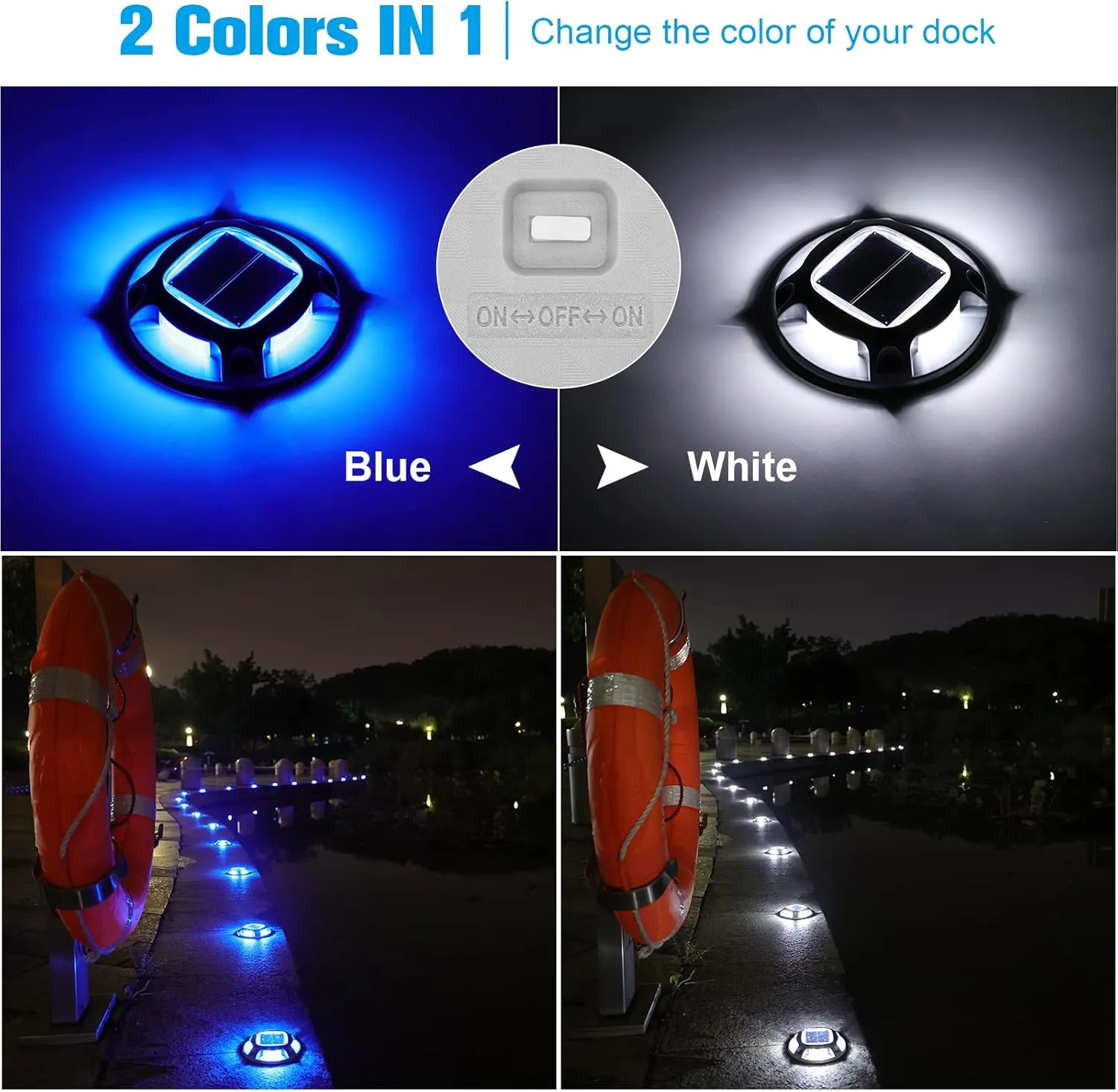 VOLISUN Solar Driveway Lights Dock Marine Lights 4 Pack,2 Colors in 1,Outdoor LED Deck Lights,Solar Powered Waterproof Warning Step Lights for Driveway Sidewalk Pathway (Blue/White)