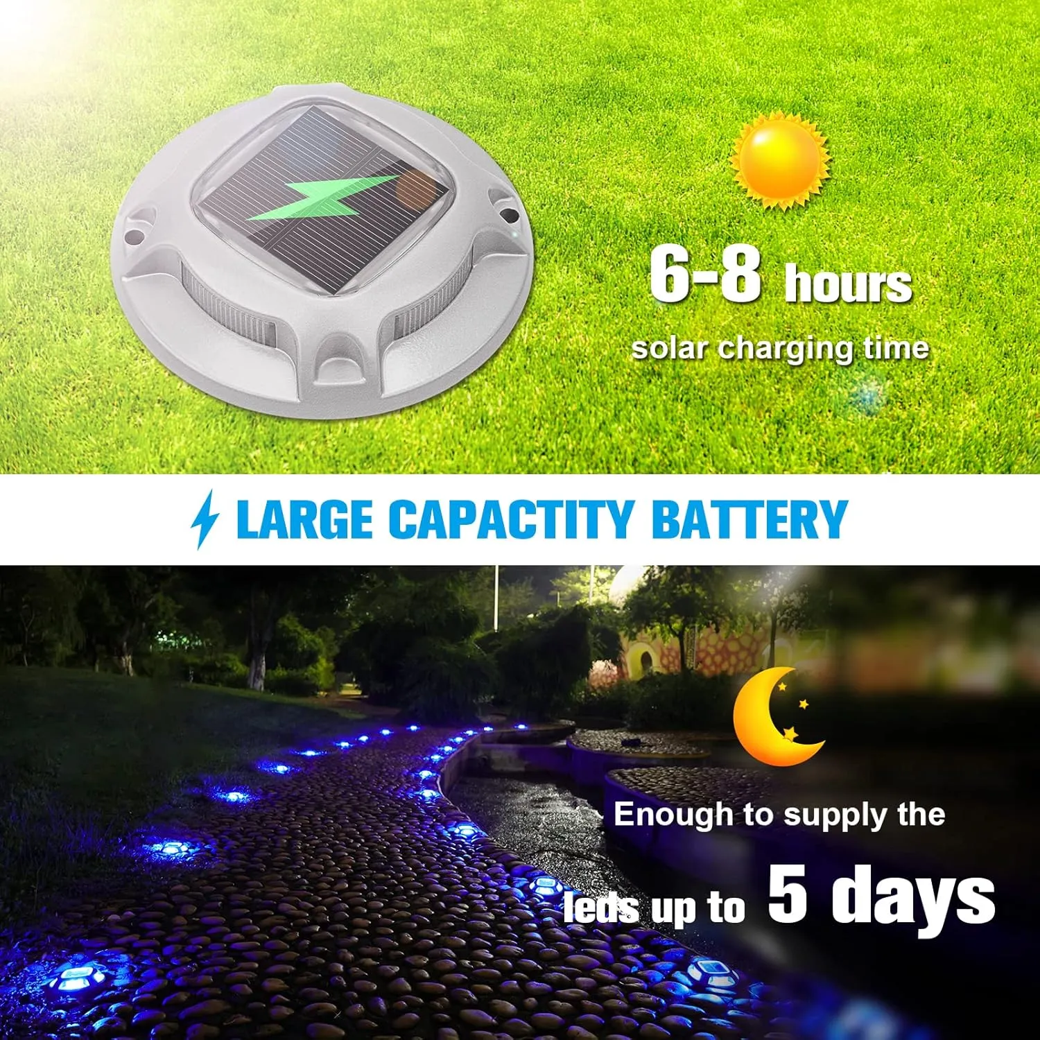 VOLISUN Solar Driveway Lights Dock Marine Lights 4 Pack,2 Colors in 1,Outdoor LED Deck Lights,Solar Powered Waterproof Warning Step Lights for Driveway Sidewalk Pathway (Blue/White)