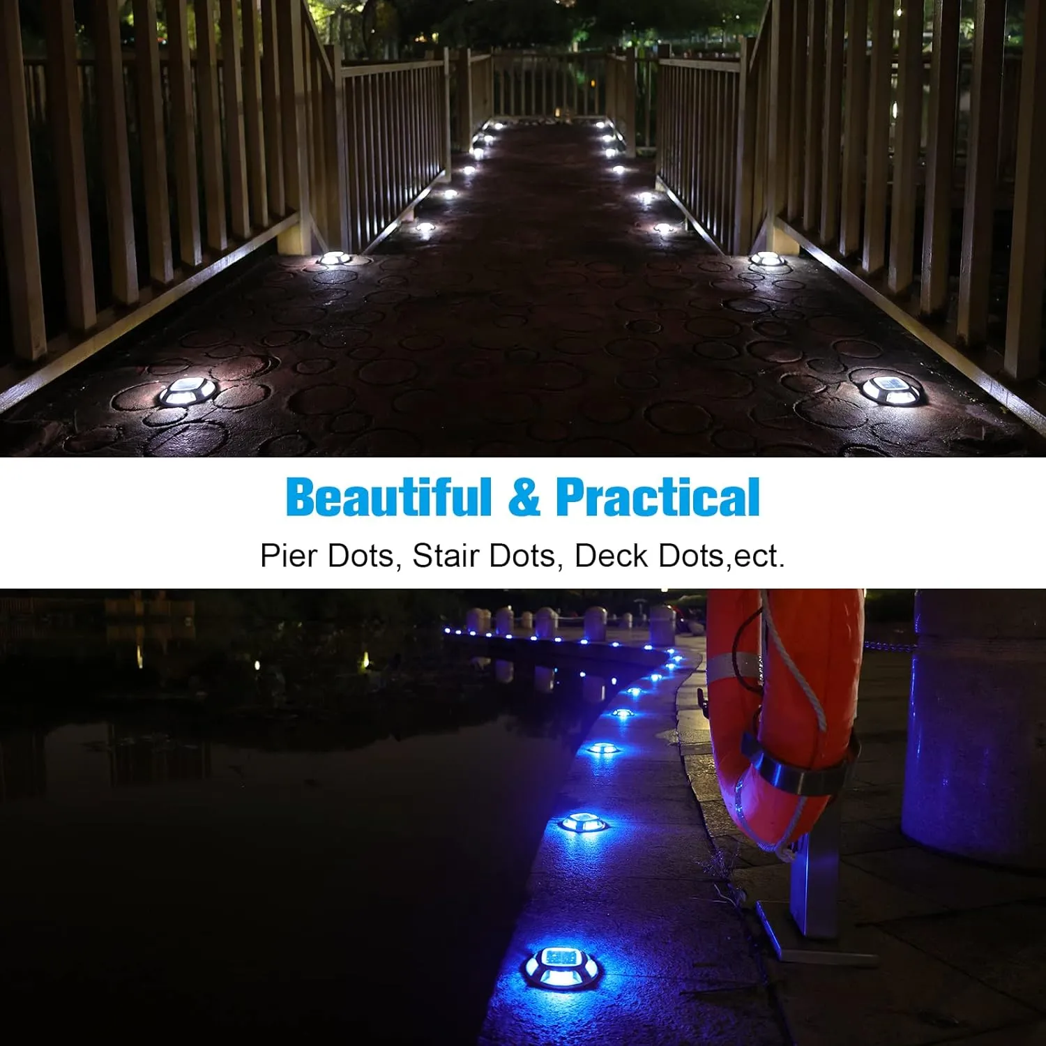 VOLISUN Solar Driveway Lights Dock Marine Lights 4 Pack,2 Colors in 1,Outdoor LED Deck Lights,Solar Powered Waterproof Warning Step Lights for Driveway Sidewalk Pathway (Blue/White)