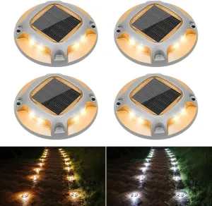 VOLISUN Solar Driveway Lights Dock Marine Lights 4 Pack,2 Colors in 1,Outdoor LED Deck Lights,Solar Powered Waterproof Warning Step Lights for Driveway Sidewalk Pathway (White/Warm White)