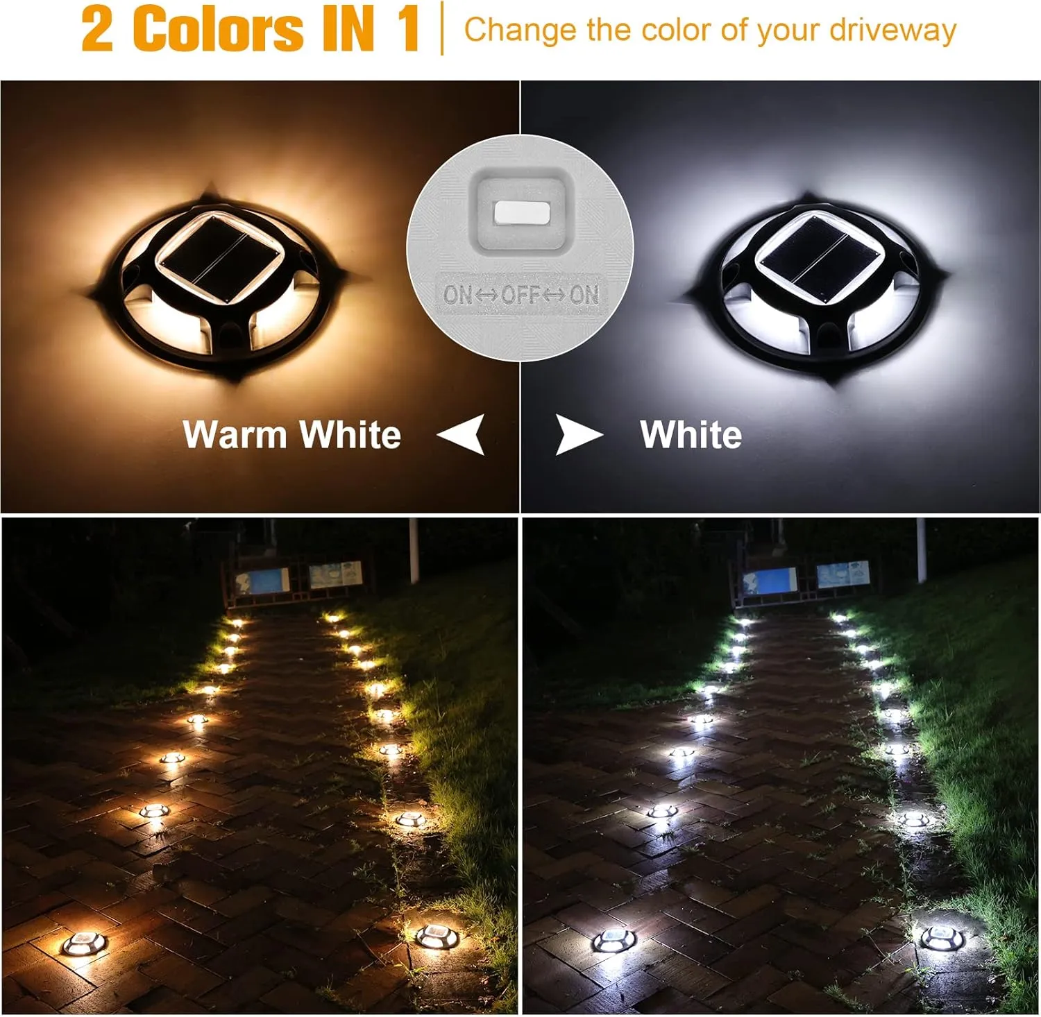 VOLISUN Solar Driveway Lights Dock Marine Lights 4 Pack,2 Colors in 1,Outdoor LED Deck Lights,Solar Powered Waterproof Warning Step Lights for Driveway Sidewalk Pathway (White/Warm White)