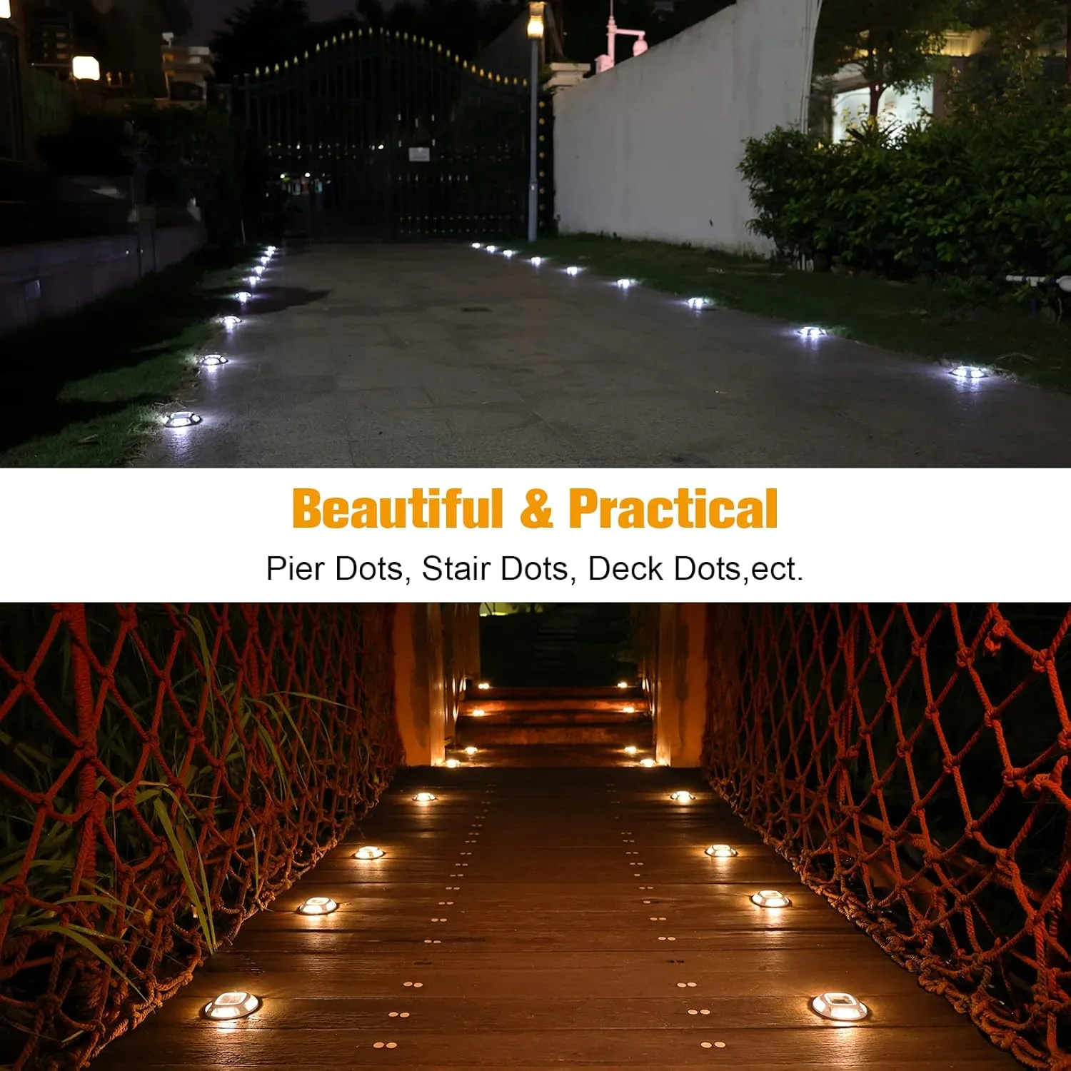 VOLISUN Solar Driveway Lights Dock Marine Lights 4 Pack,2 Colors in 1,Outdoor LED Deck Lights,Solar Powered Waterproof Warning Step Lights for Driveway Sidewalk Pathway (White/Warm White)