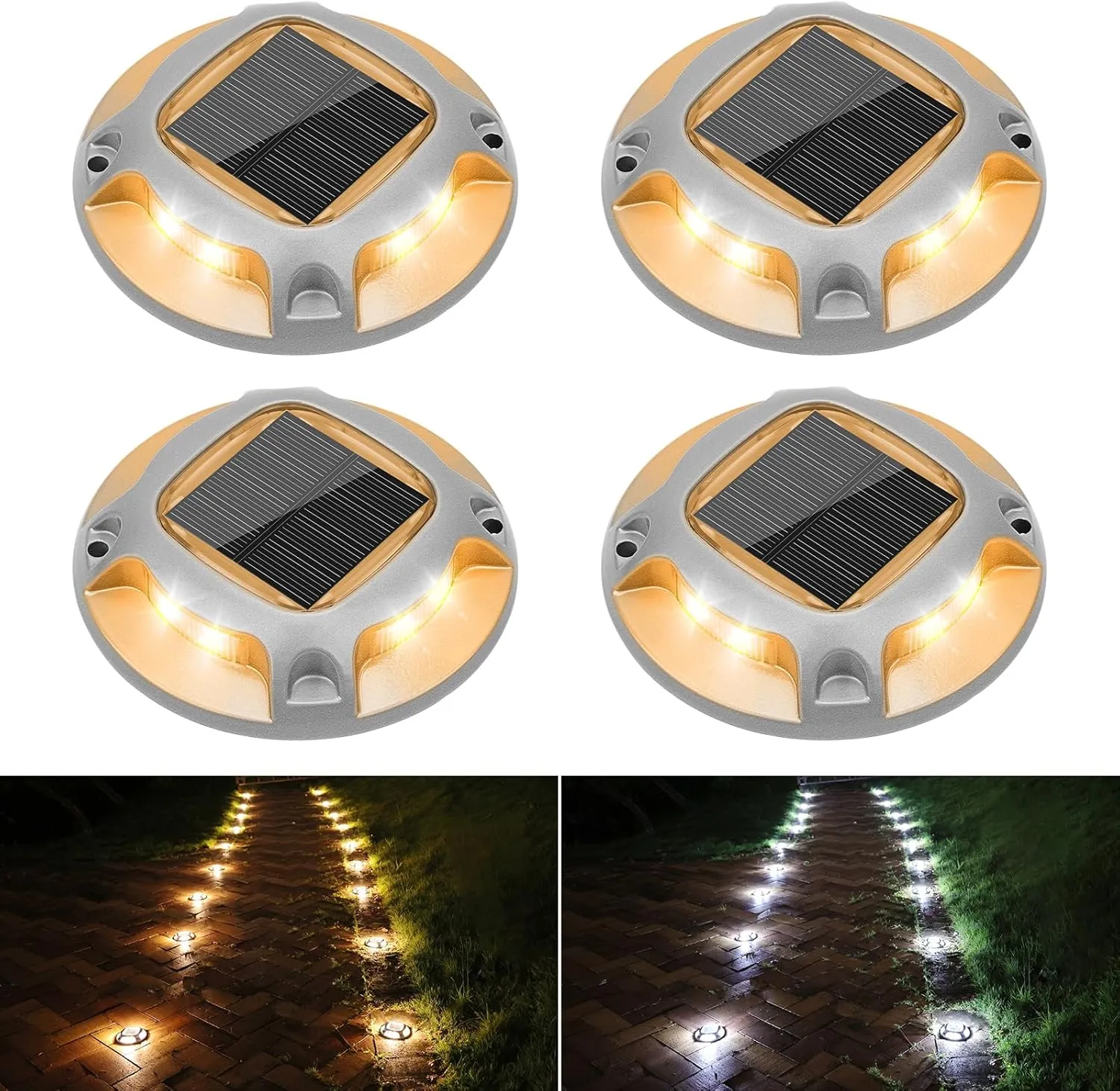 VOLISUN Solar Driveway Lights Dock Marine Lights 4 Pack,2 Colors in 1,Outdoor LED Deck Lights,Solar Powered Waterproof Warning Step Lights for Driveway Sidewalk Pathway (White/Warm White)