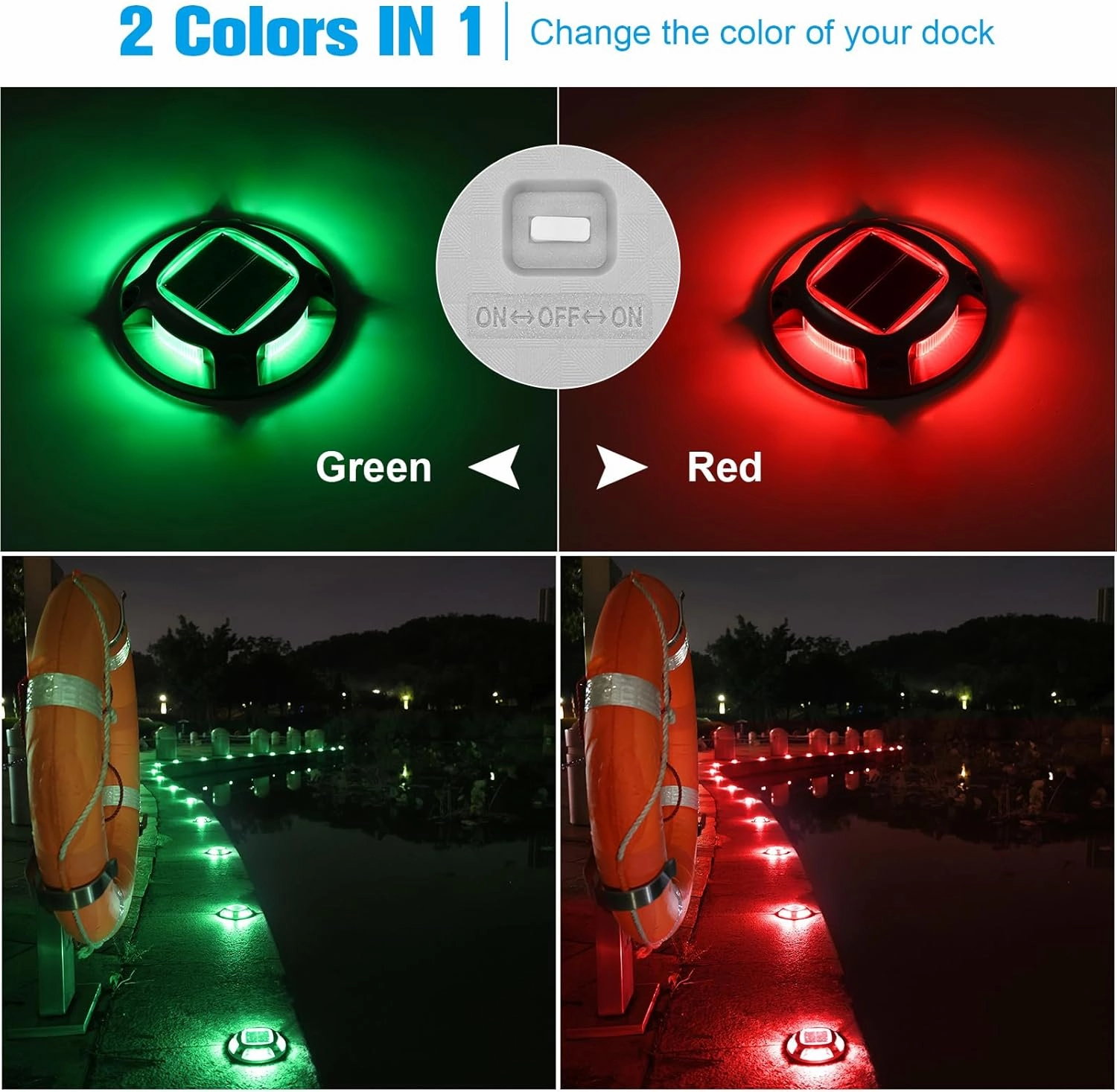 VOLISUN Christmas Solar Driveway Lights Dock Marine Lights 4 Pack,2 Colors in 1,Outdoor LED Deck Lights,Solar Powered Waterproof Warning Step Lights for Driveway Sidewalk Pathway (Red/Green)