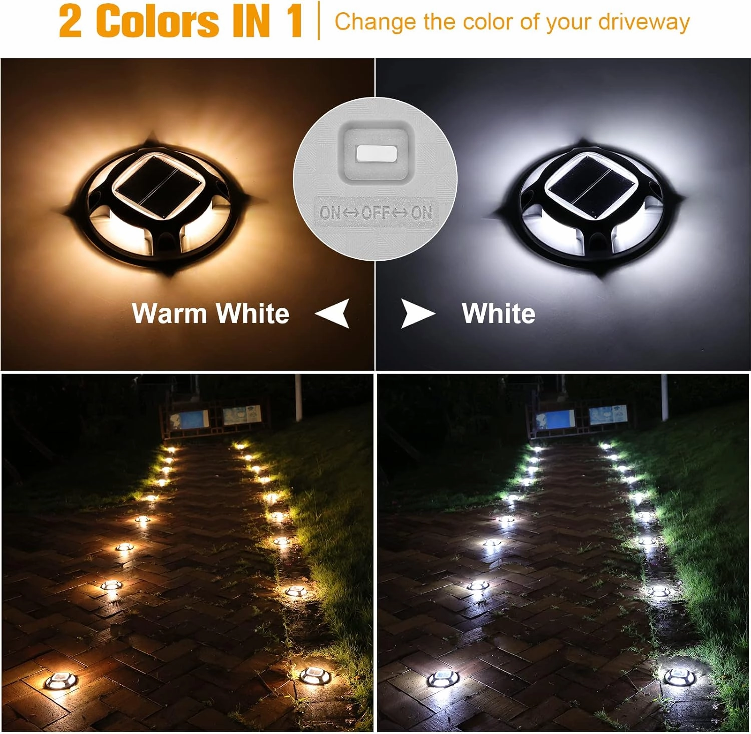 VOLISUN Solar Driveway Dock Marine Lights 8-Pack,2 Colors in 1,Outdoor LED Deck Lights,Solar Powered Waterproof Warning Step Light for Driveway Sidewalk Pathway (White/Warm White)