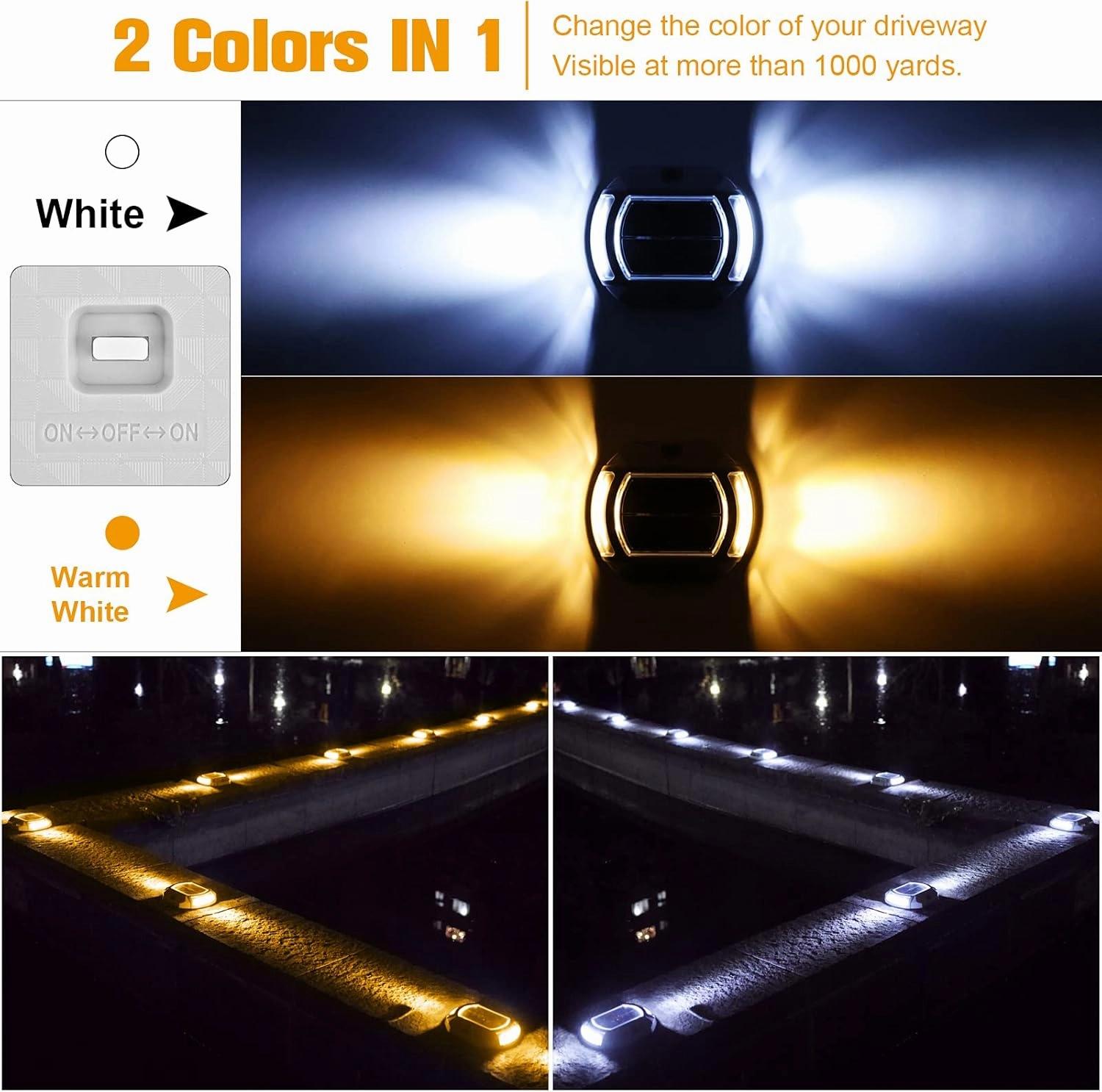 VOLISUN Solar Driveway Lights 16 Pack, 2 Colors in 1, Waterproof Outdoor Warning Step Lights for Dock, Deck, Sidewalk, Pathway (White/Warm White)