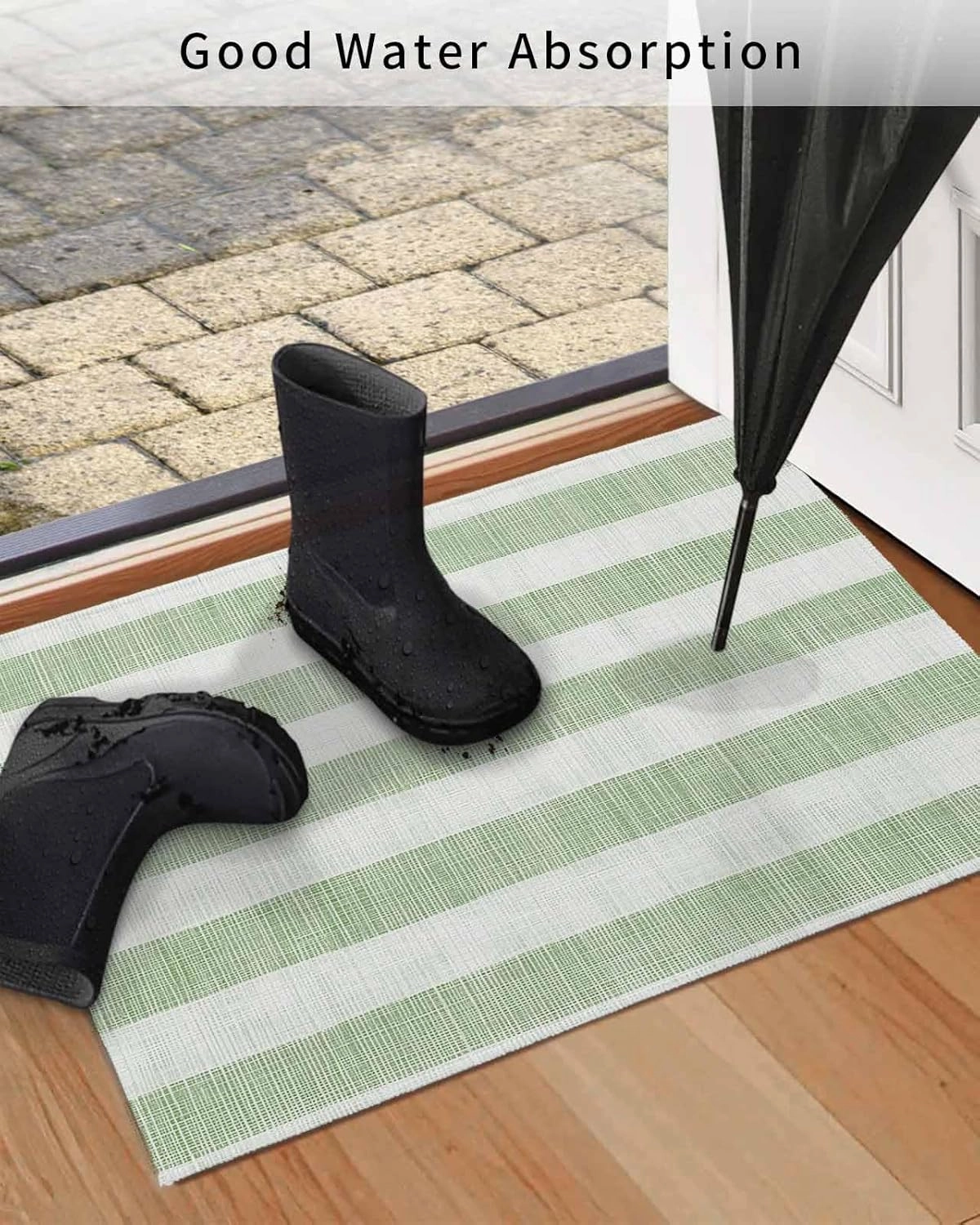 Welcome Doormat Sage Green Stripes Non-Slip Door Mats Entryway Rugs Retro Abstract Lines on Linen Washable Floor Mat for Living Room Bedroom Bathroom Entrance,18x30IN
