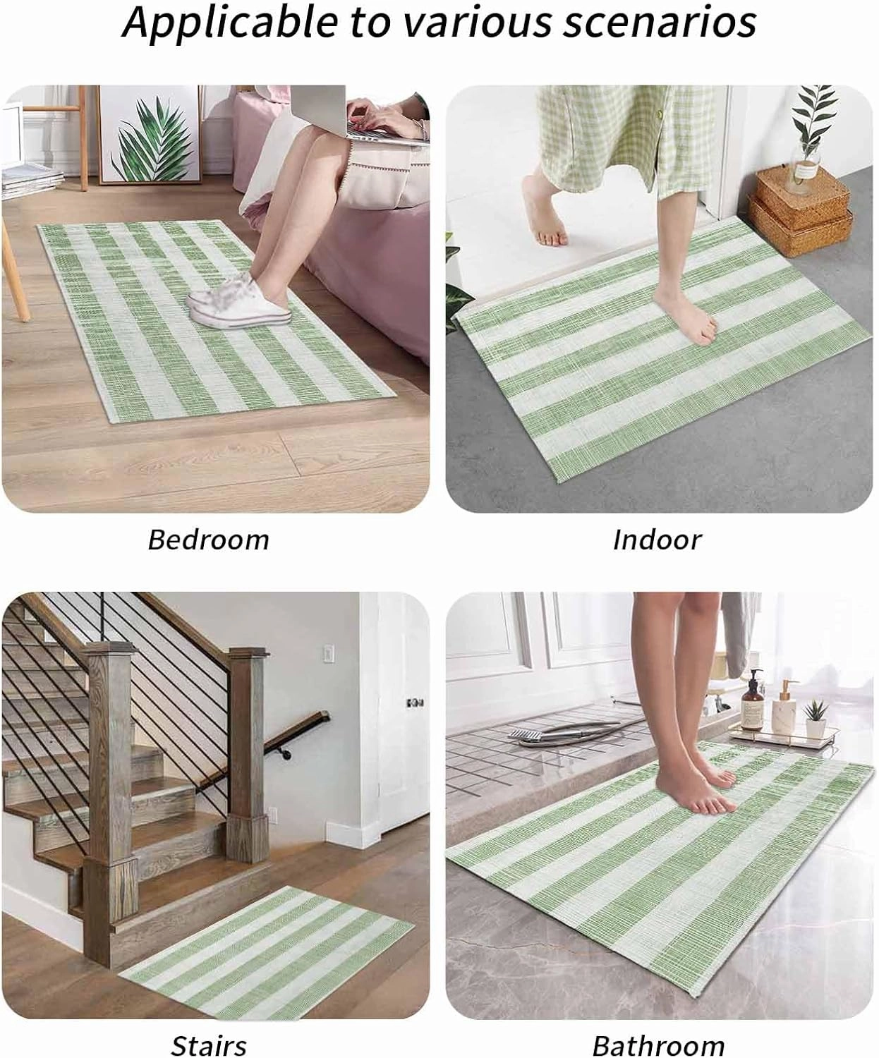Welcome Doormat Sage Green Stripes Non-Slip Door Mats Entryway Rugs Retro Abstract Lines on Linen Washable Floor Mat for Living Room Bedroom Bathroom Entrance,18x30IN