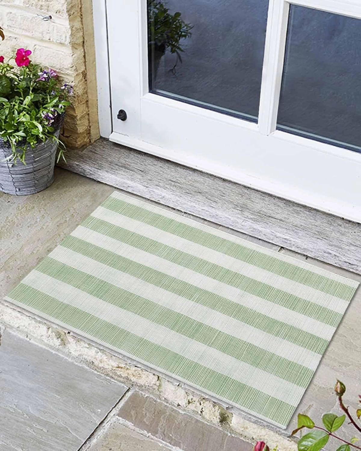 Welcome Doormat Sage Green Stripes Non-Slip Door Mats Entryway Rugs Retro Abstract Lines on Linen Washable Floor Mat for Living Room Bedroom Bathroom Entrance,18x30IN