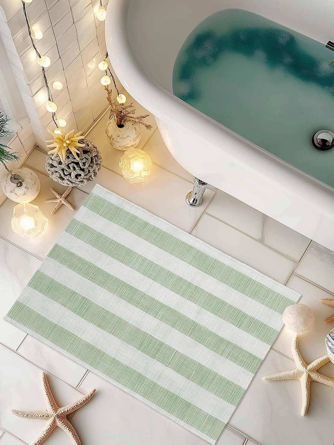 Welcome Doormat Sage Green Stripes Non-Slip Door Mats Entryway Rugs Retro Abstract Lines on Linen Washable Floor Mat for Living Room Bedroom Bathroom Entrance,18x30IN